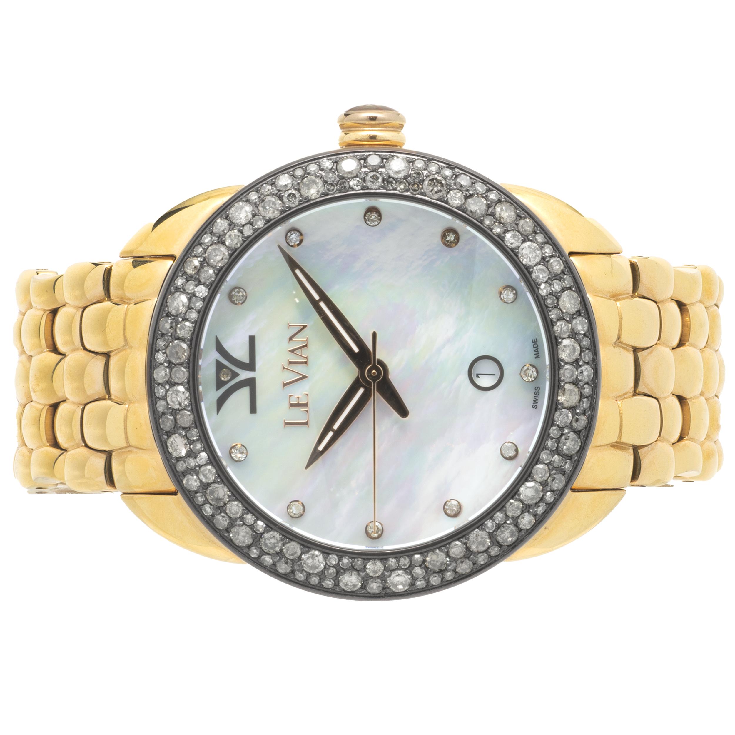 Movement: quartz
Function: hours, minutes, seconds date
Dial: mother of pearl diamond dial
Serial # LV9XXX-XXX
Measurement: watch will fit up to a 7.25-inch wrist

Complete with box, no papers
Guaranteed to be authentic by seller.
