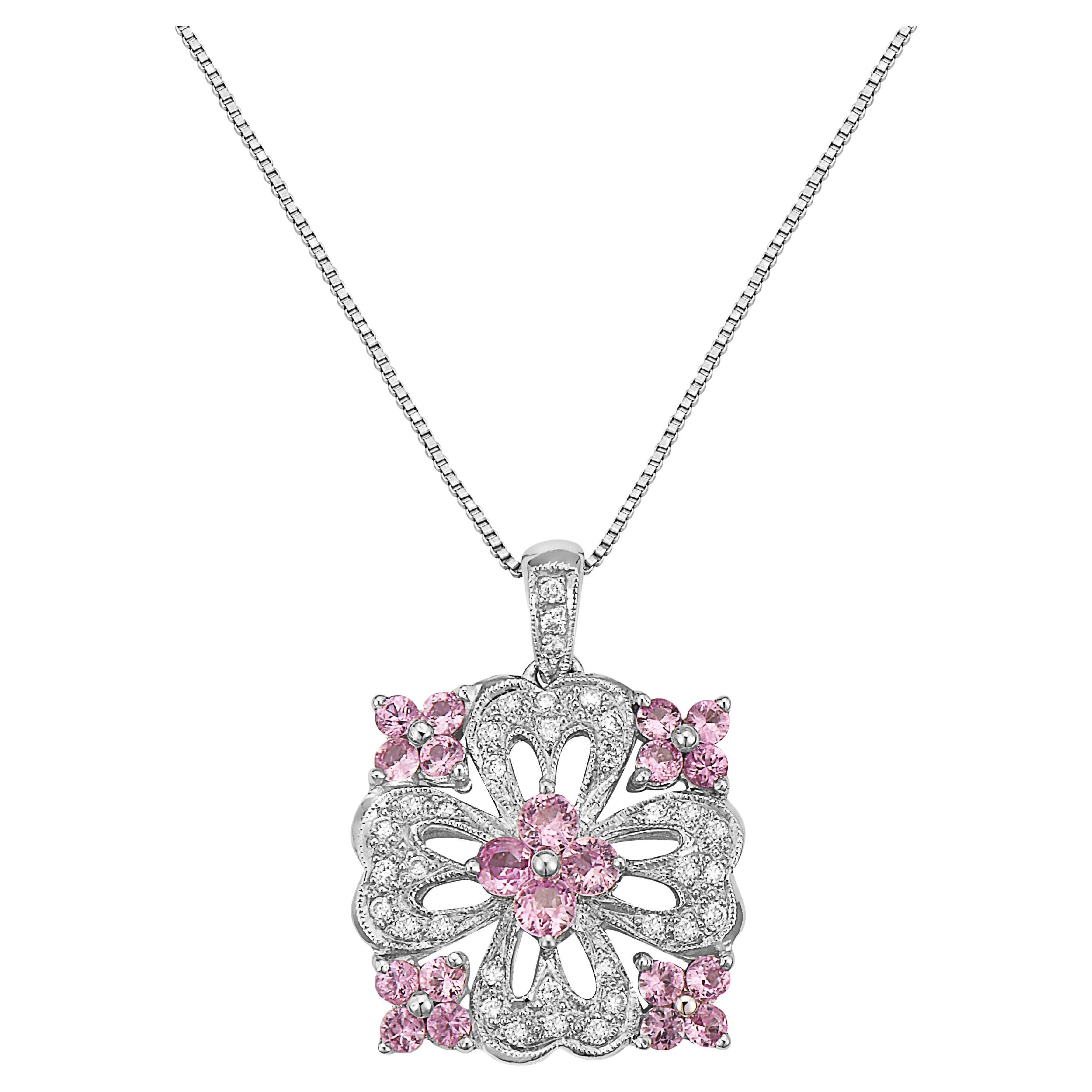 LeVian Round Pink Sapphire White Diamond Pendant in 14K White Gold-1 3/8 cts For Sale