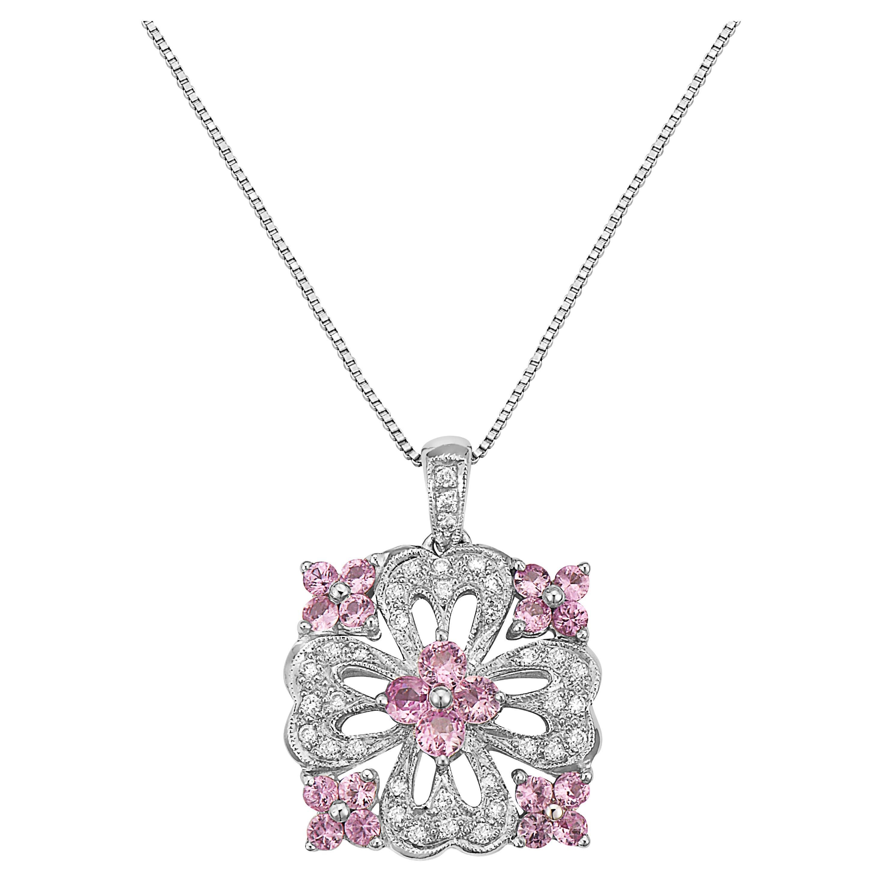 Levian Round Pink Sapphire White Diamond Pendant in 14K White Gold 1 3 8 Cts For Sale