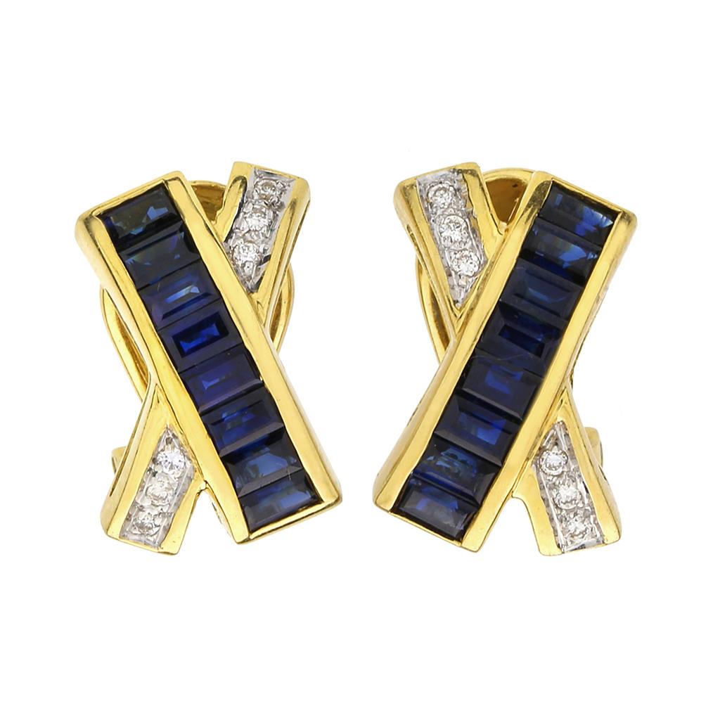 Baguette Cut Le Vian Sapphire & Diamond 18K Earrings For Sale