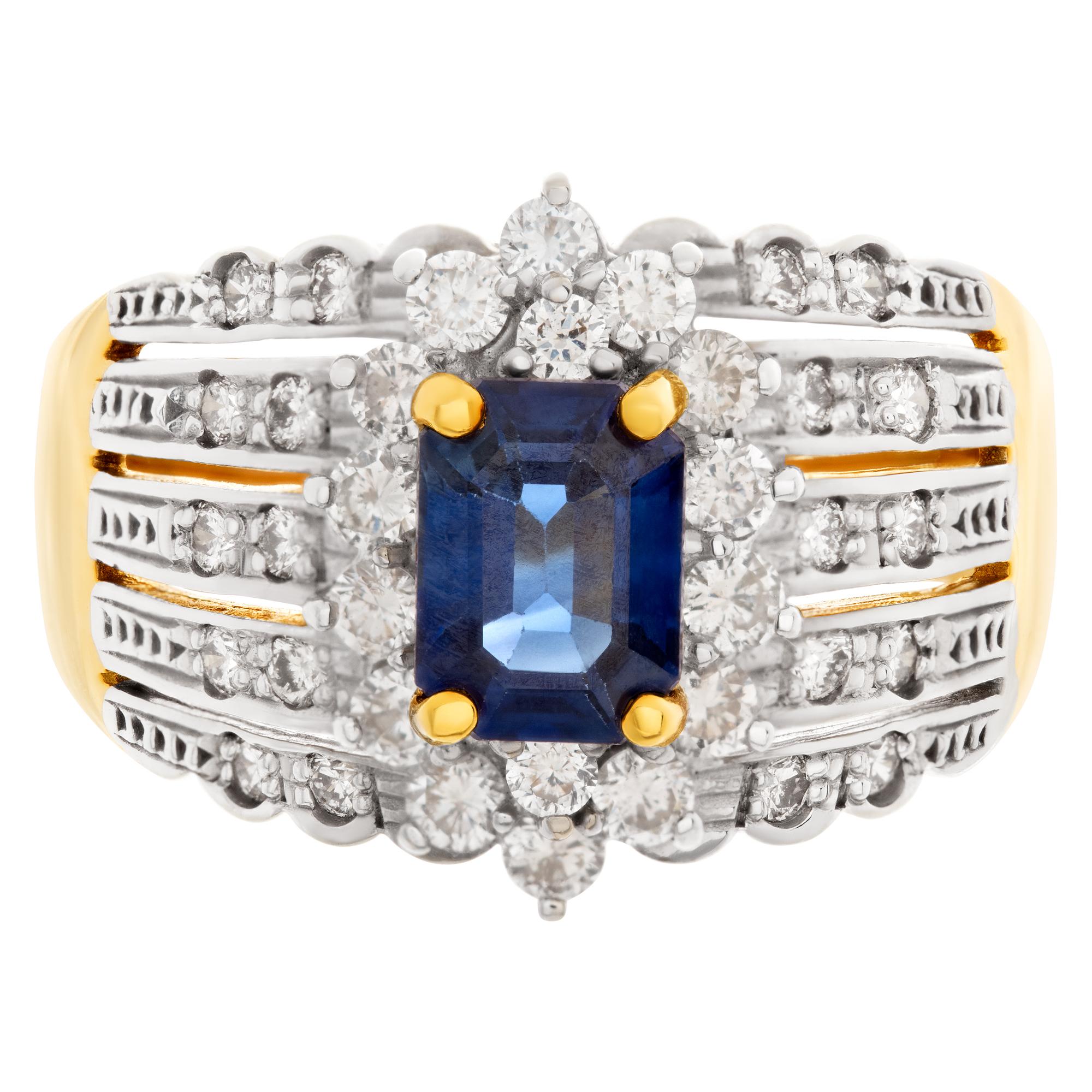 Sapphire & diamond ring in 18k yellow gold signed by LeVian with appoximately 2 carat Sapphire and approximately 1 carat in G-H color, VS clarity diamonds. Size 11This Diamond/Sapphires ring is currently size 11 and some items can be sized up or