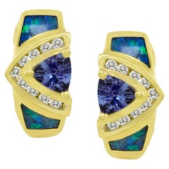 Levian Trillion Tanzanite Opal White Diamond Stud Earrings in 14K Gold 5 8 Cts