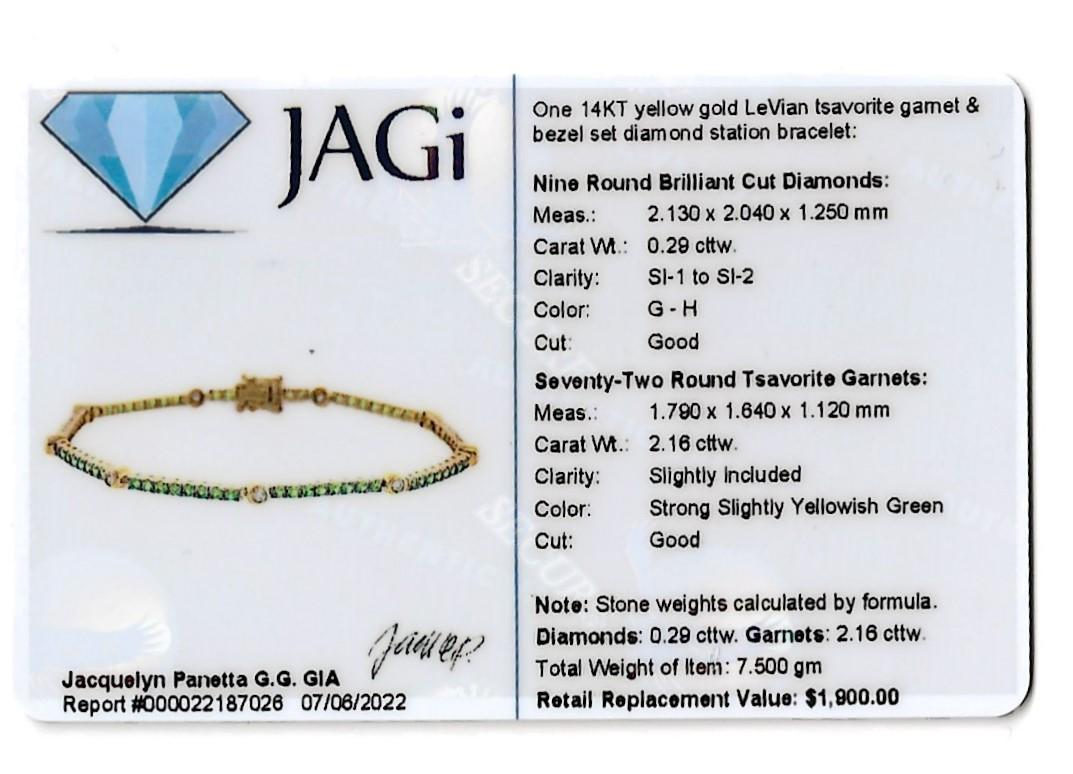LeVian Tsavorite Garnet and Diamond Station Tennis Bracelet 14 Karat Yellow Gold 9