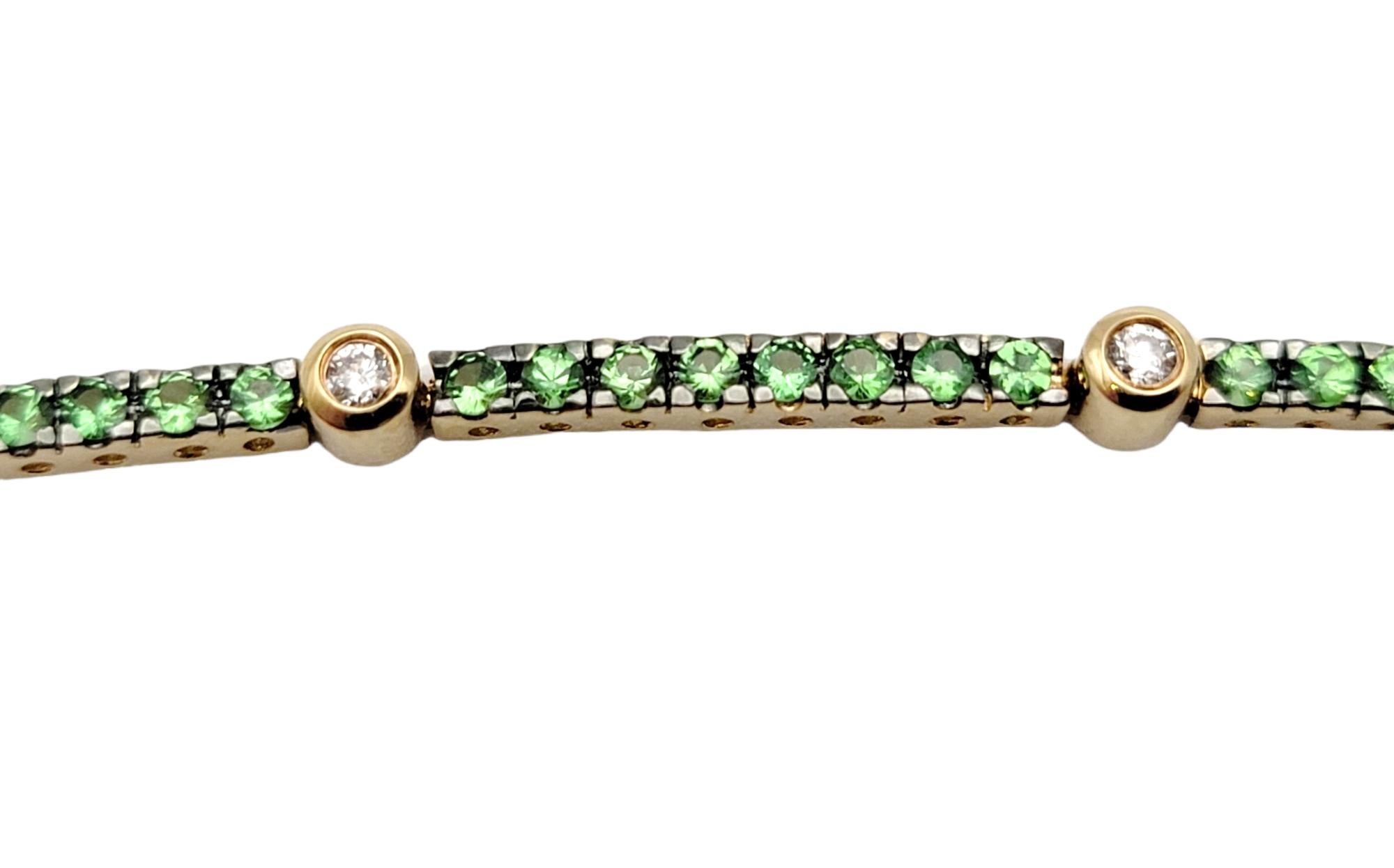 Round Cut LeVian Tsavorite Garnet and Diamond Station Tennis Bracelet 14 Karat Yellow Gold