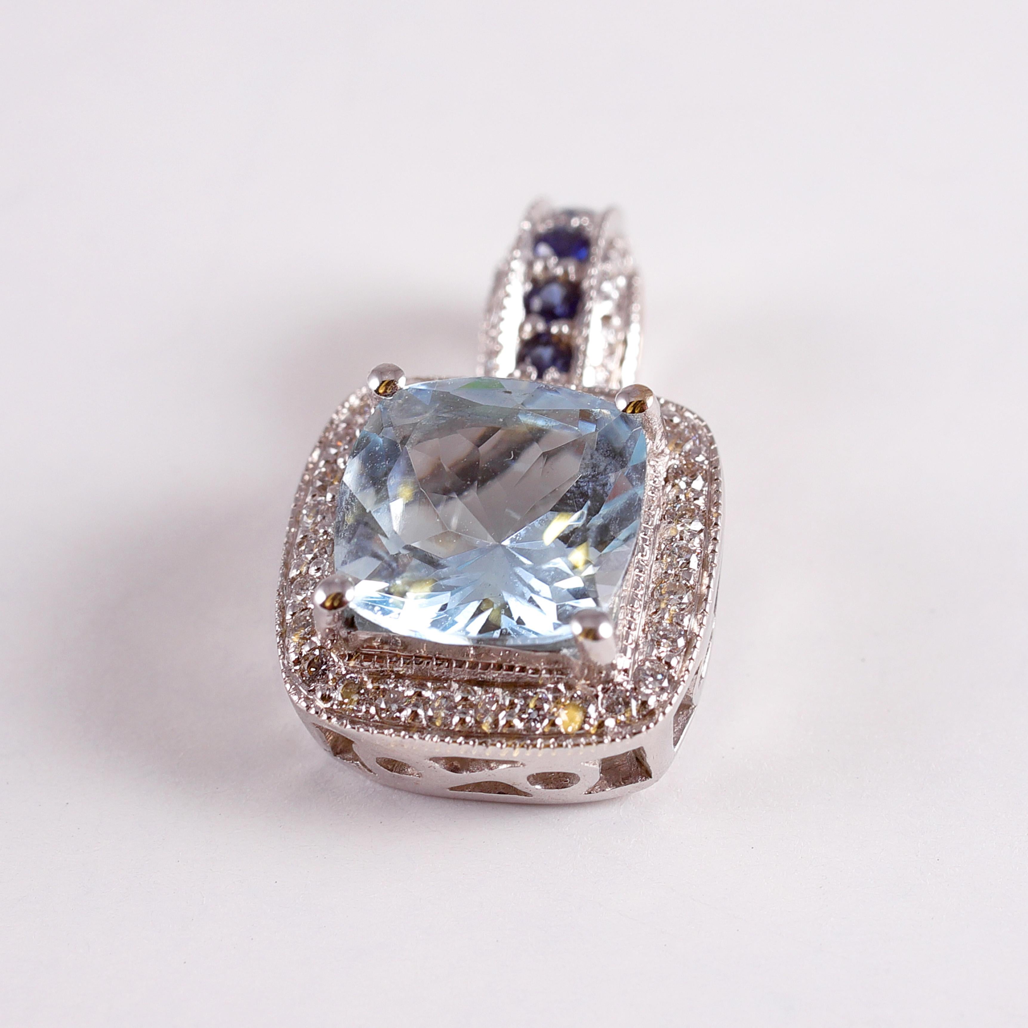 Round Cut LeVian White Gold Aquamarine Diamond Pendant For Sale