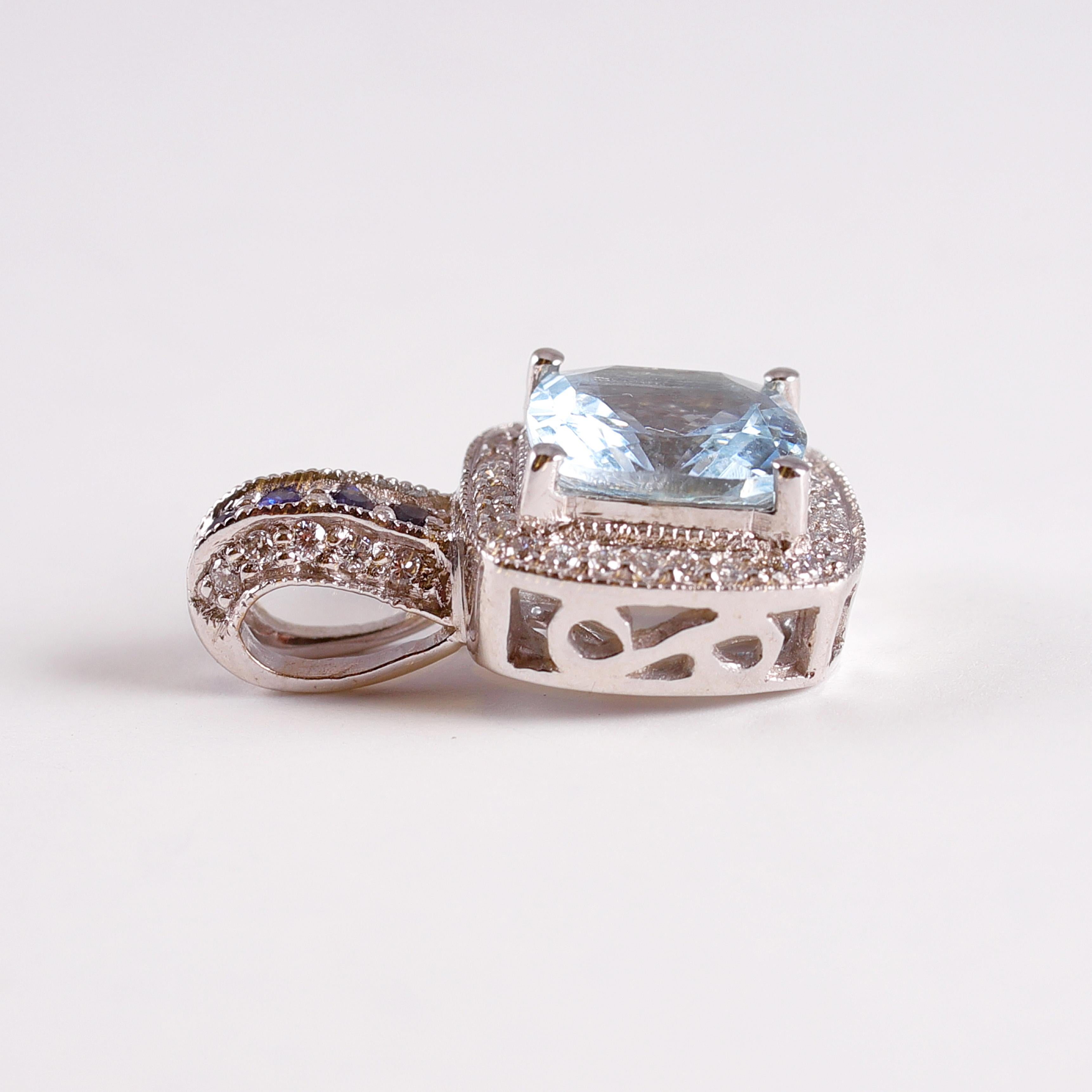 LeVian White Gold Aquamarine Diamond Pendant For Sale 2