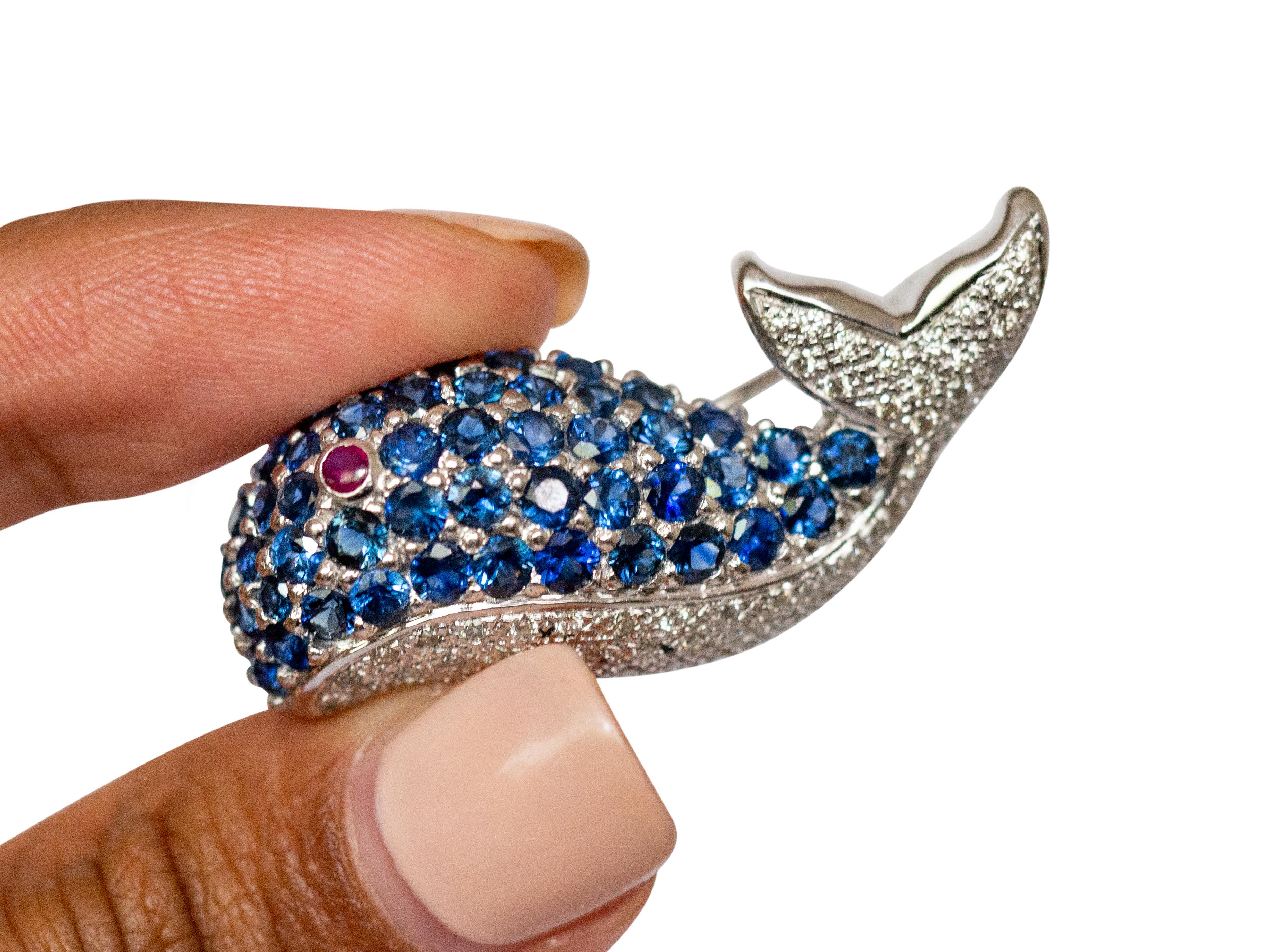 Round Cut LeVian White Gold Sapphire and Diamond Whale Pin