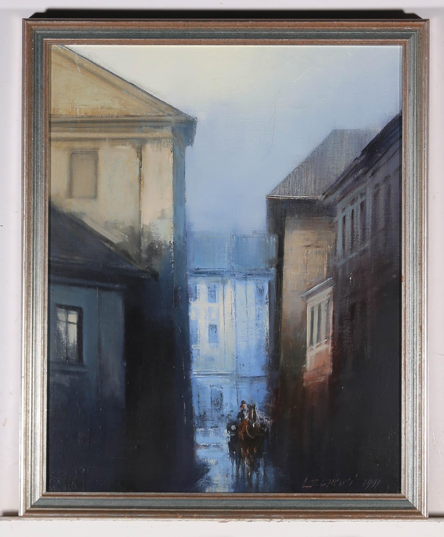 Levicki - 1991 Óleo, Bruma matinal, Escena callejera en venta 4