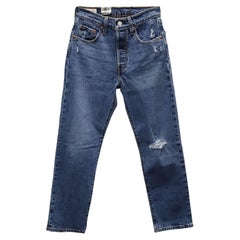 Levi's 501 Original Distressed Cropped Dark Wash Jeans in Blue Cotton