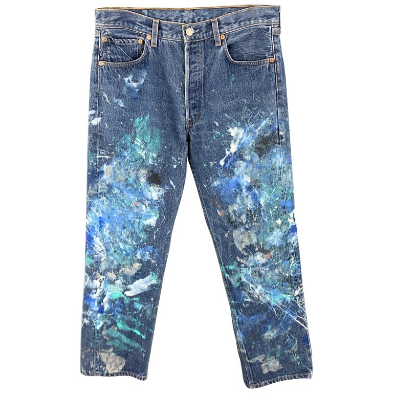 LEVI'S Size 34 x 32 Blue Splattered Denim Button Fly Jeans at 1stdibs