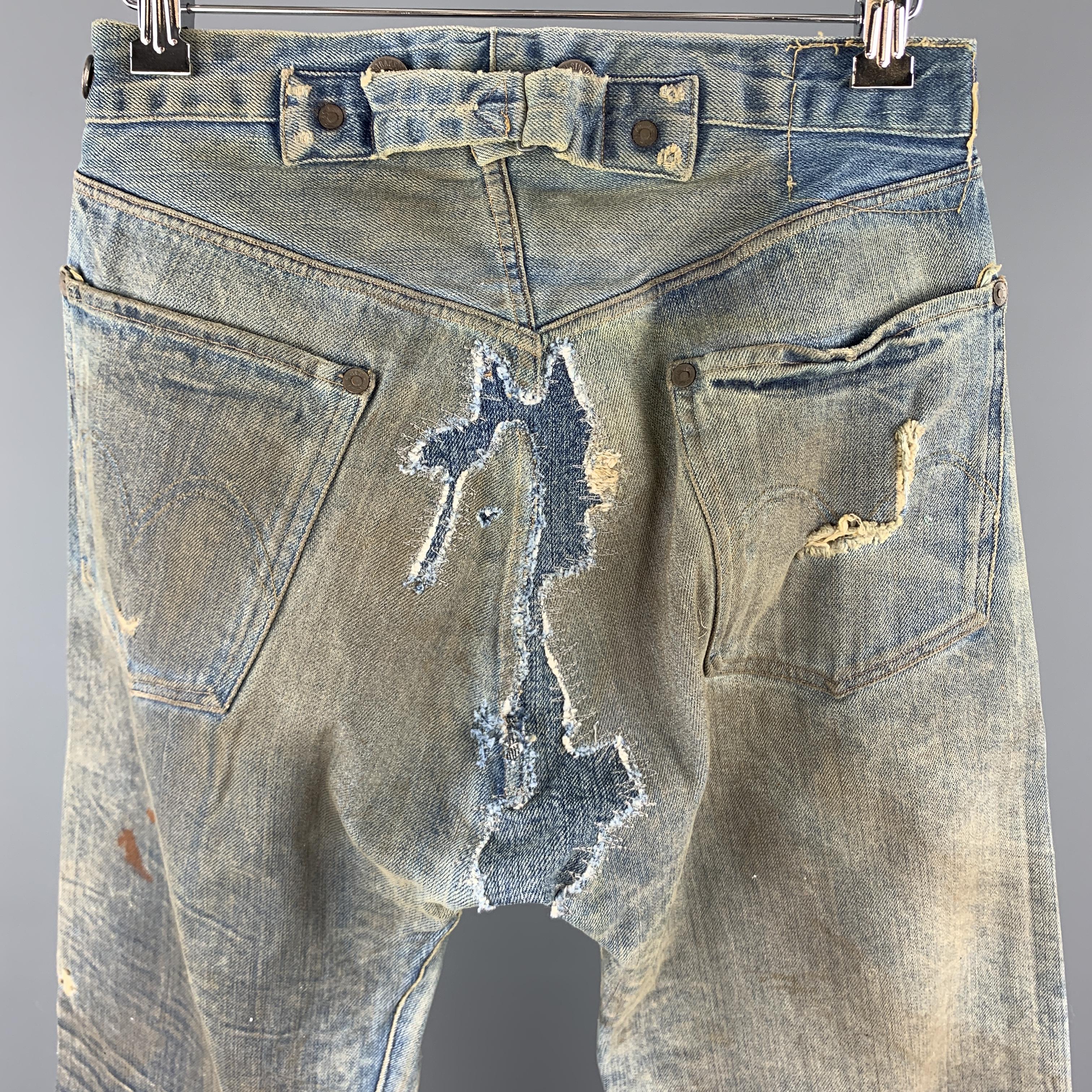 Men's LEVI'S Size XS Blue Distressed Washed Selvedge Denim Patchwork Jeans