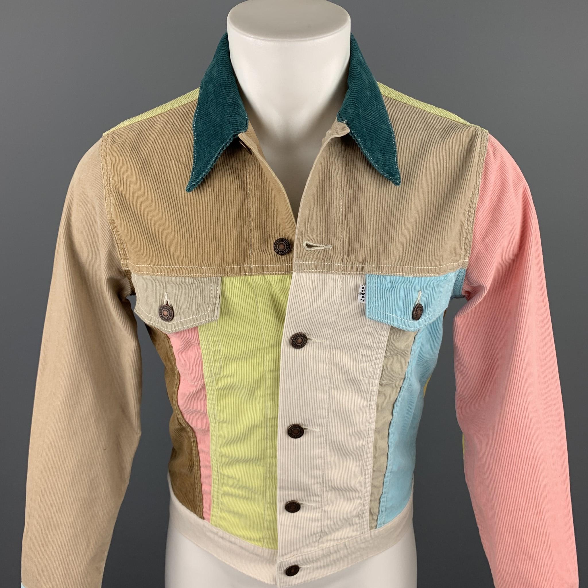 LEVI'S VINTAGE CLOTHING jacket comes in a multi-color corduroy with color block details throughout featuring a classic trucker style, flap pockets, pointed collar, and a buttoned closure.

New With Tags.
Marked: 38
Original Retail Price: