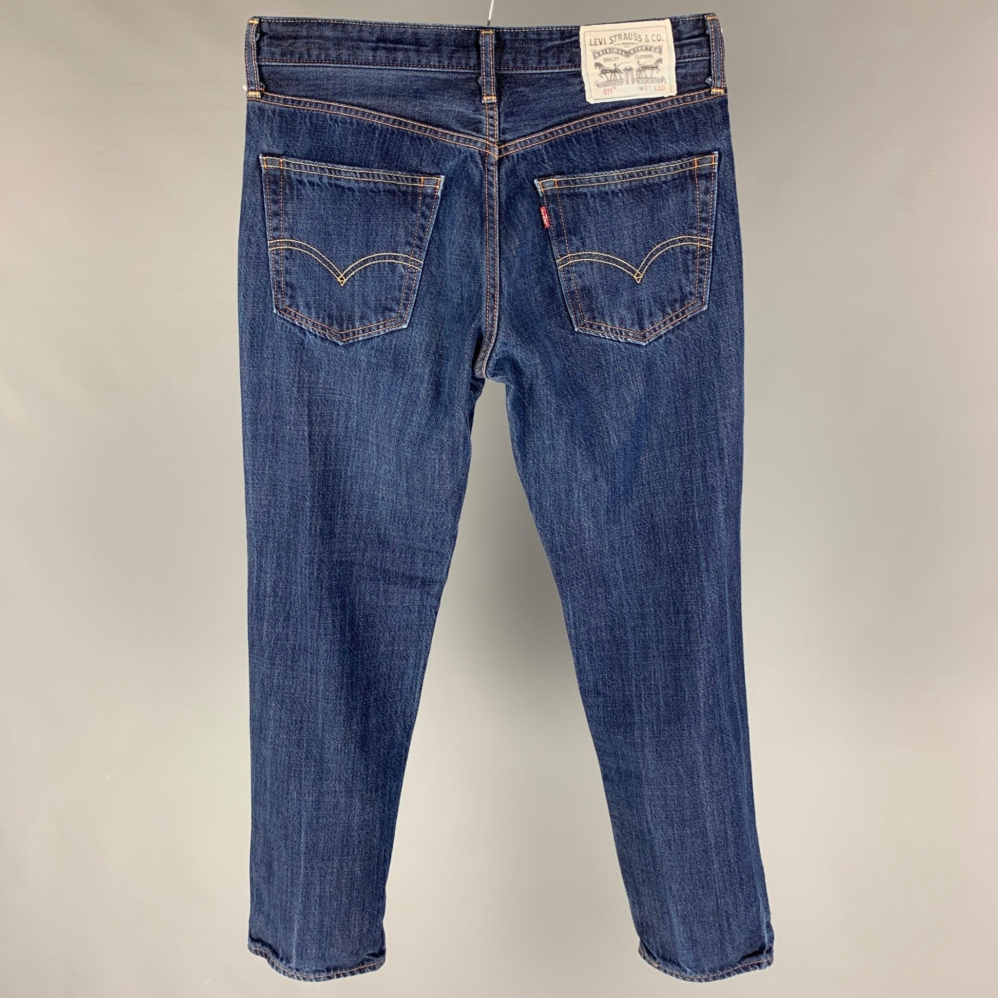 LEVIS x OUTERKNOWN jeans comes in a indigo cotton / lyocell featuring a slim fit, contrast stitching, and a zip fly closure.
Very Good
Pre-Owned Condition. 

Marked:   31x30 

Measurements: 
  Waist: 30 inches  Rise: 10 inches  Inseam: 29 inches 
 
