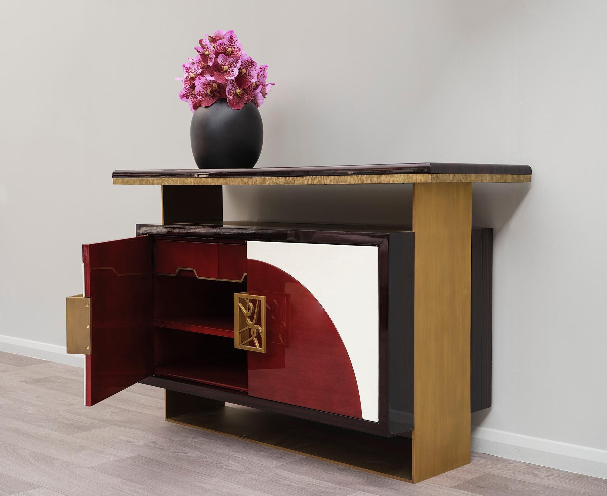 Art Deco 21st Century Modern Handcrafted Cabinet, in Lacquer and Brass by BelBar Studio For Sale
