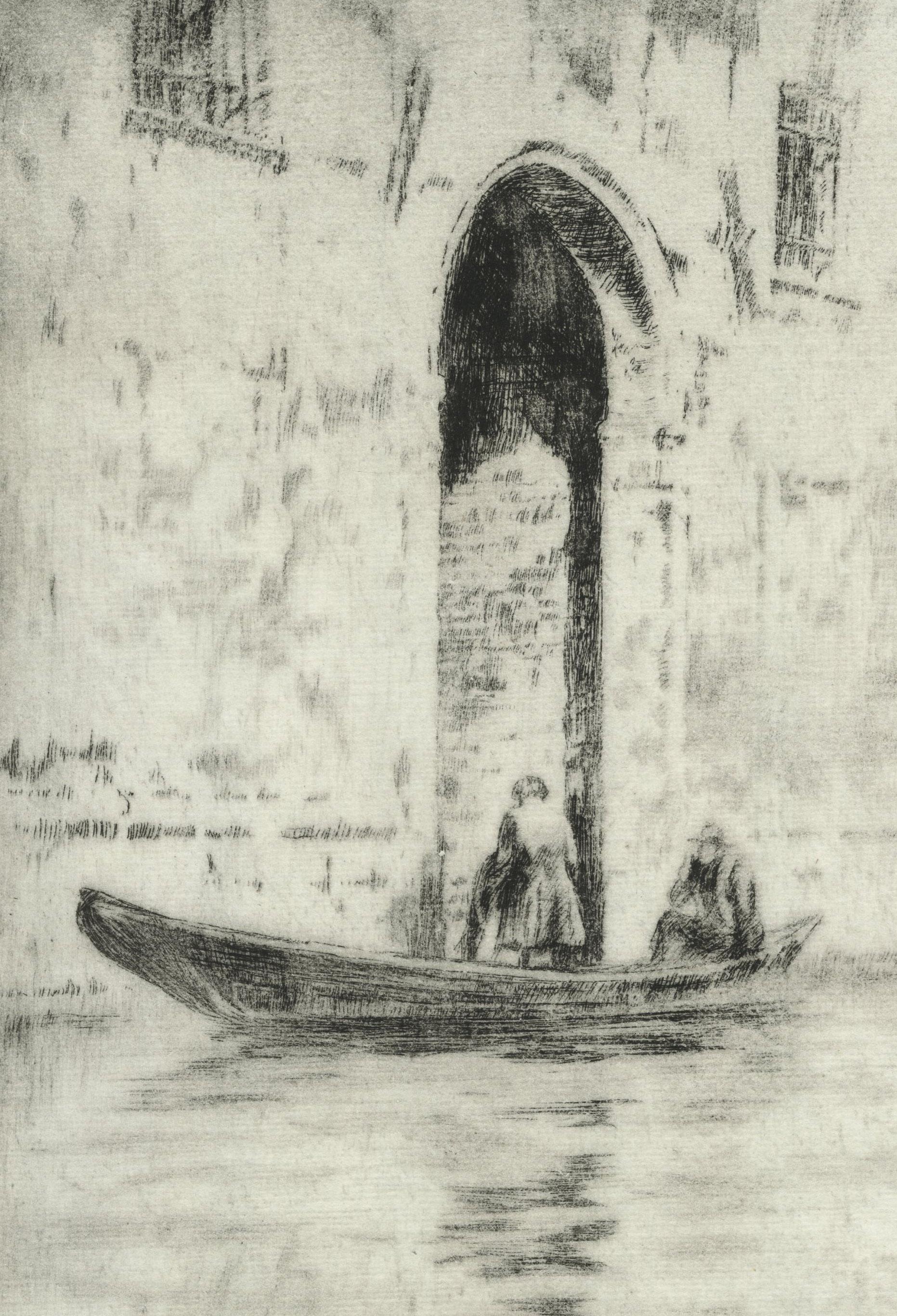 Sin título (Canal de Venecia, hombre saliendo de la góndola) - Print impresionista estadounidense de Levon West