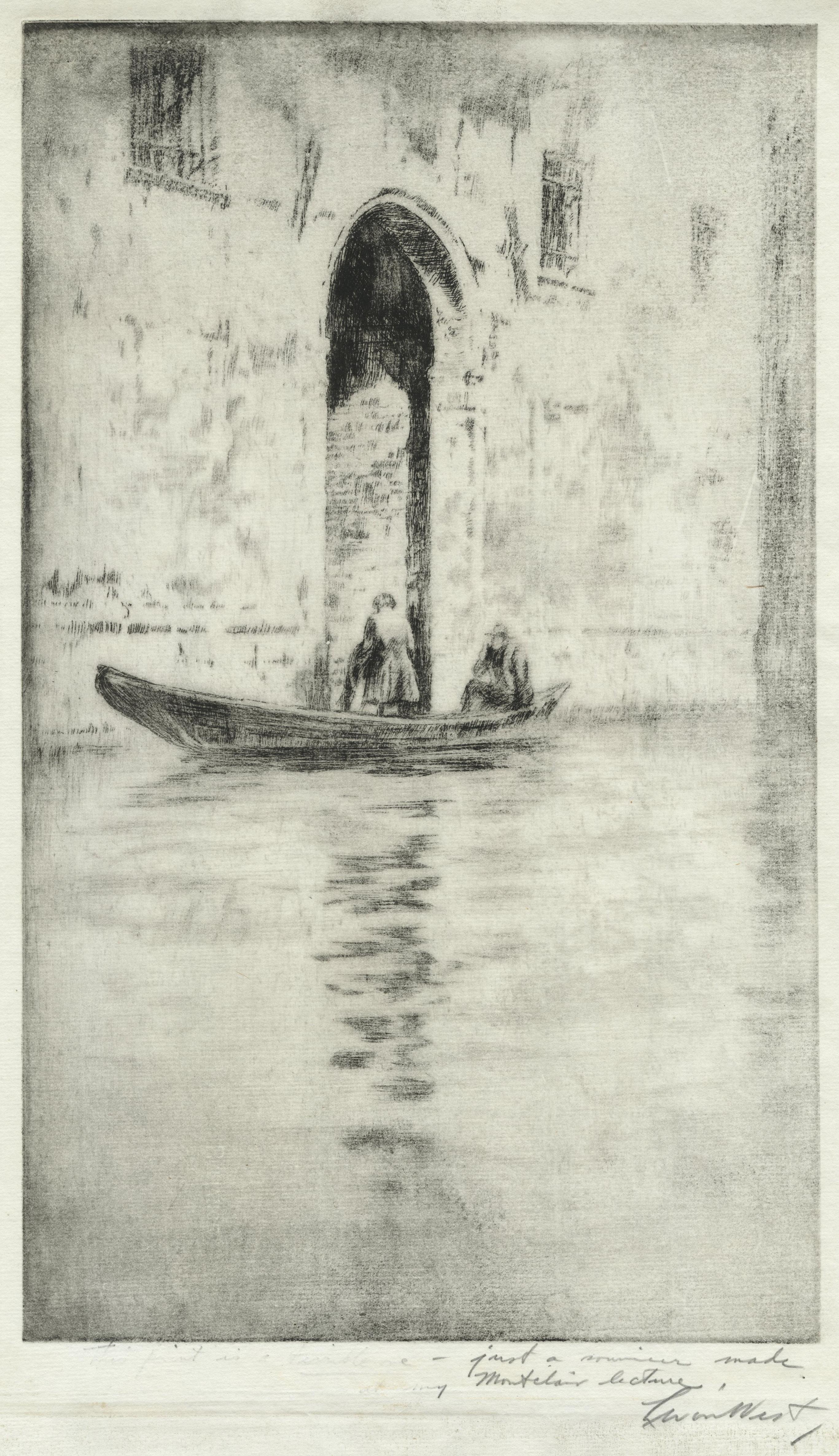 Levon West Landscape Print - Untitled (Venice canal, man departing the gondola)