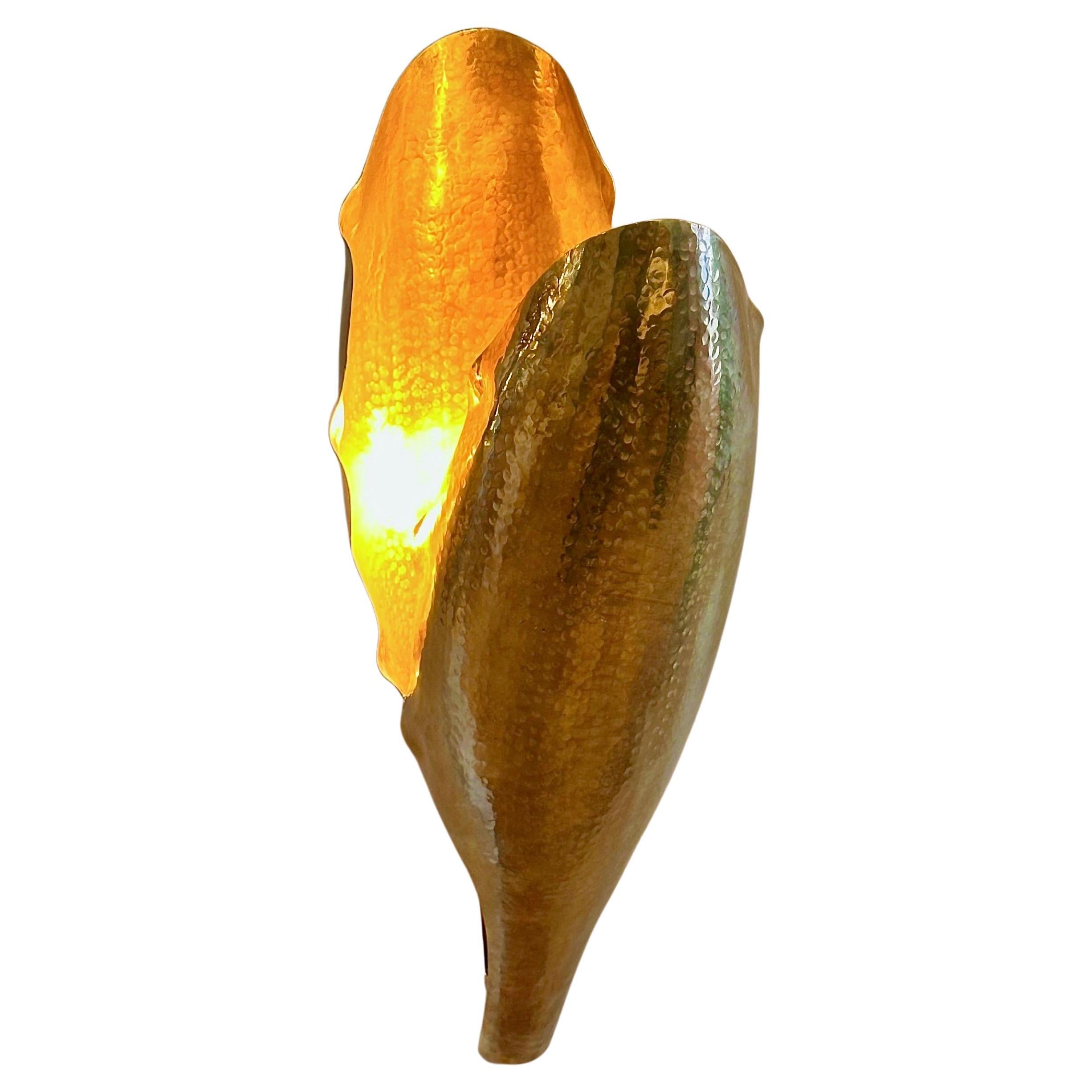 El aplique de pared de latón martillado Levroux es un accesorio de iluminación escultural y sofisticado que encarna la esencia del diseño chic de mediados de siglo. Totalmente hecha a mano por hábiles artesanos, esta elegante pieza está elaborada