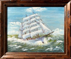 Original  peinture à l'huile sur carton, paysage marin, voiliers sur la mer Signé Lewis