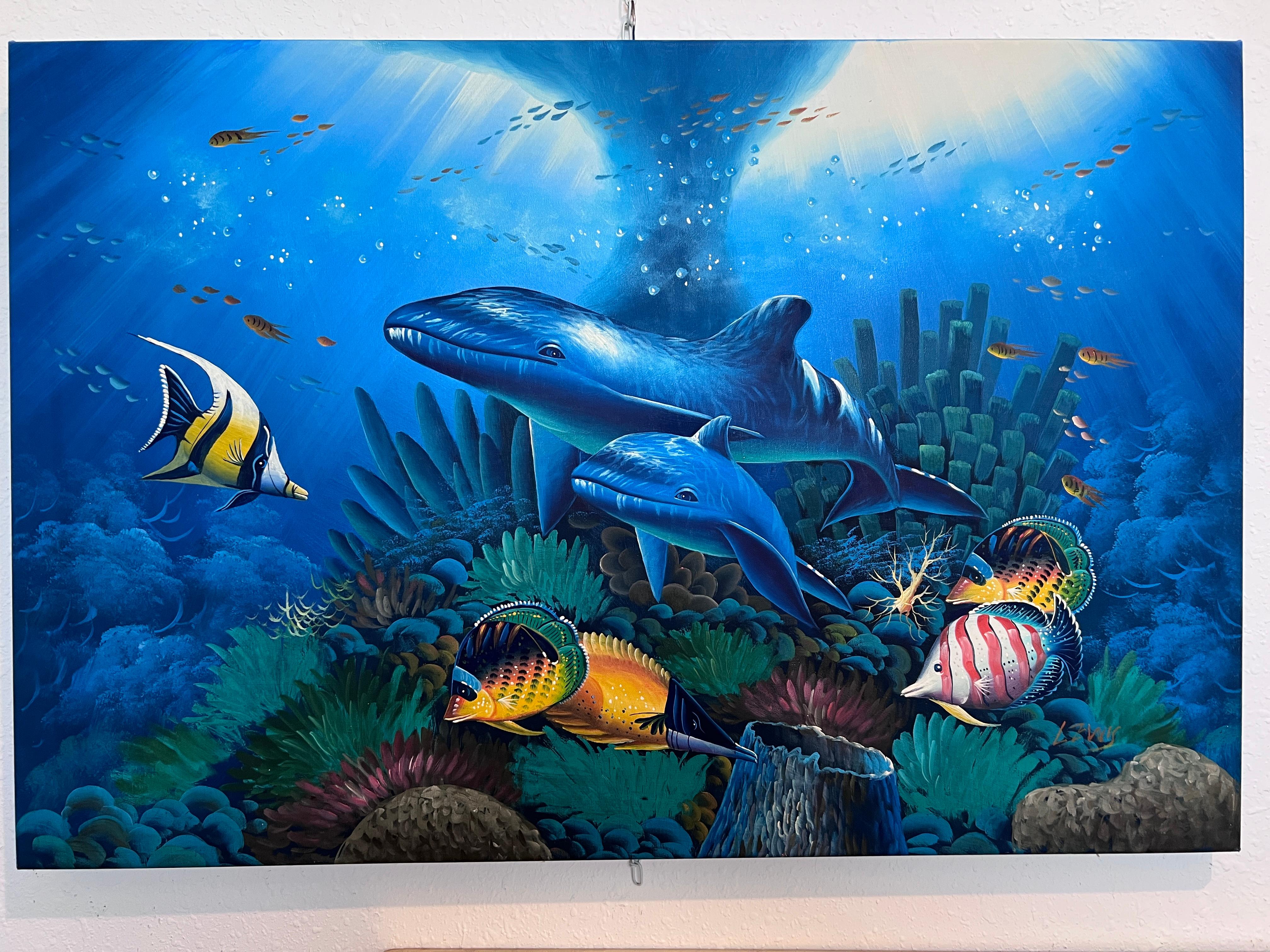 Scène sous-marine vibrante - Acrylique sur toile signée 