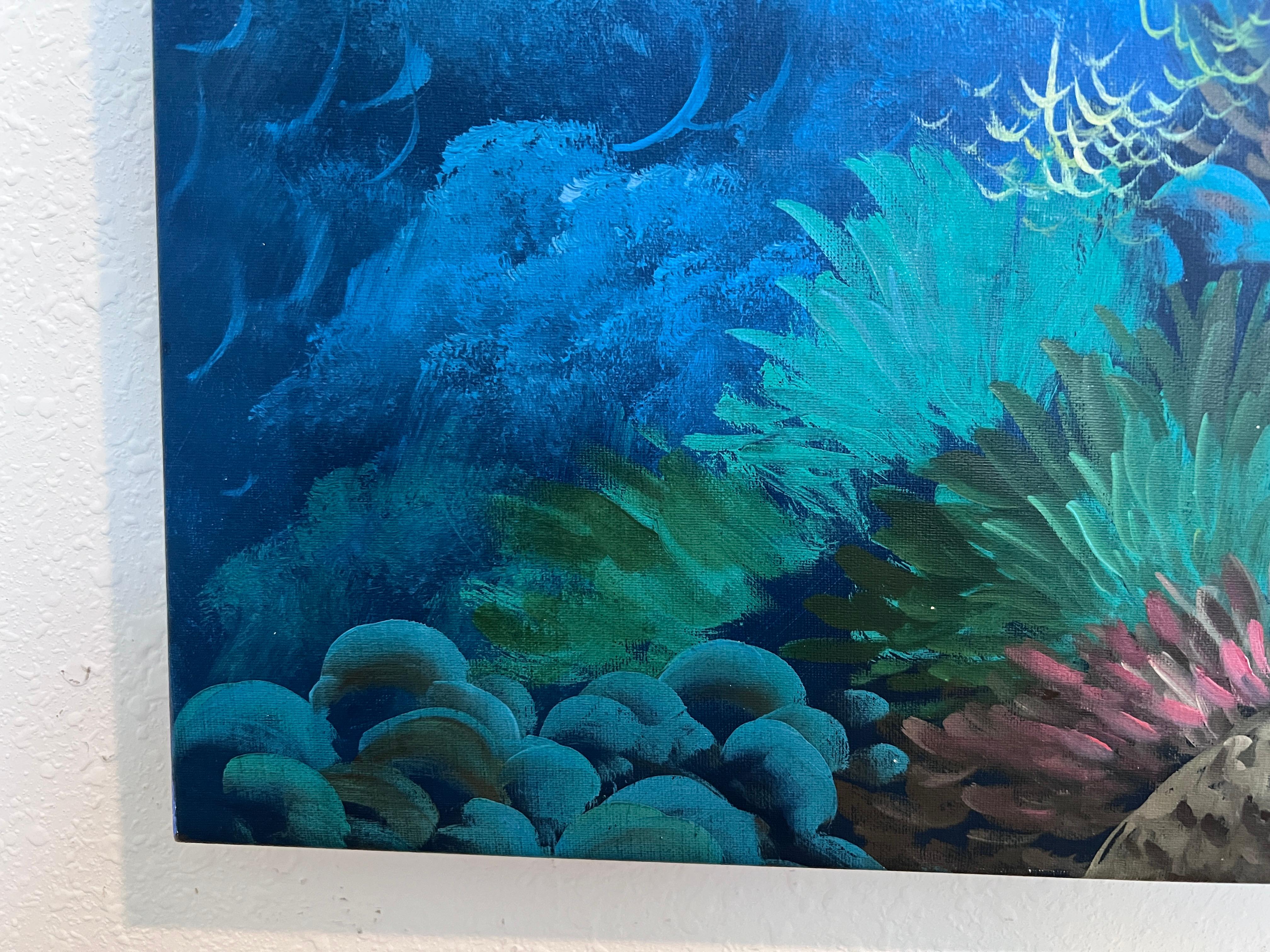 Scène sous-marine vibrante - Acrylique sur toile signée 