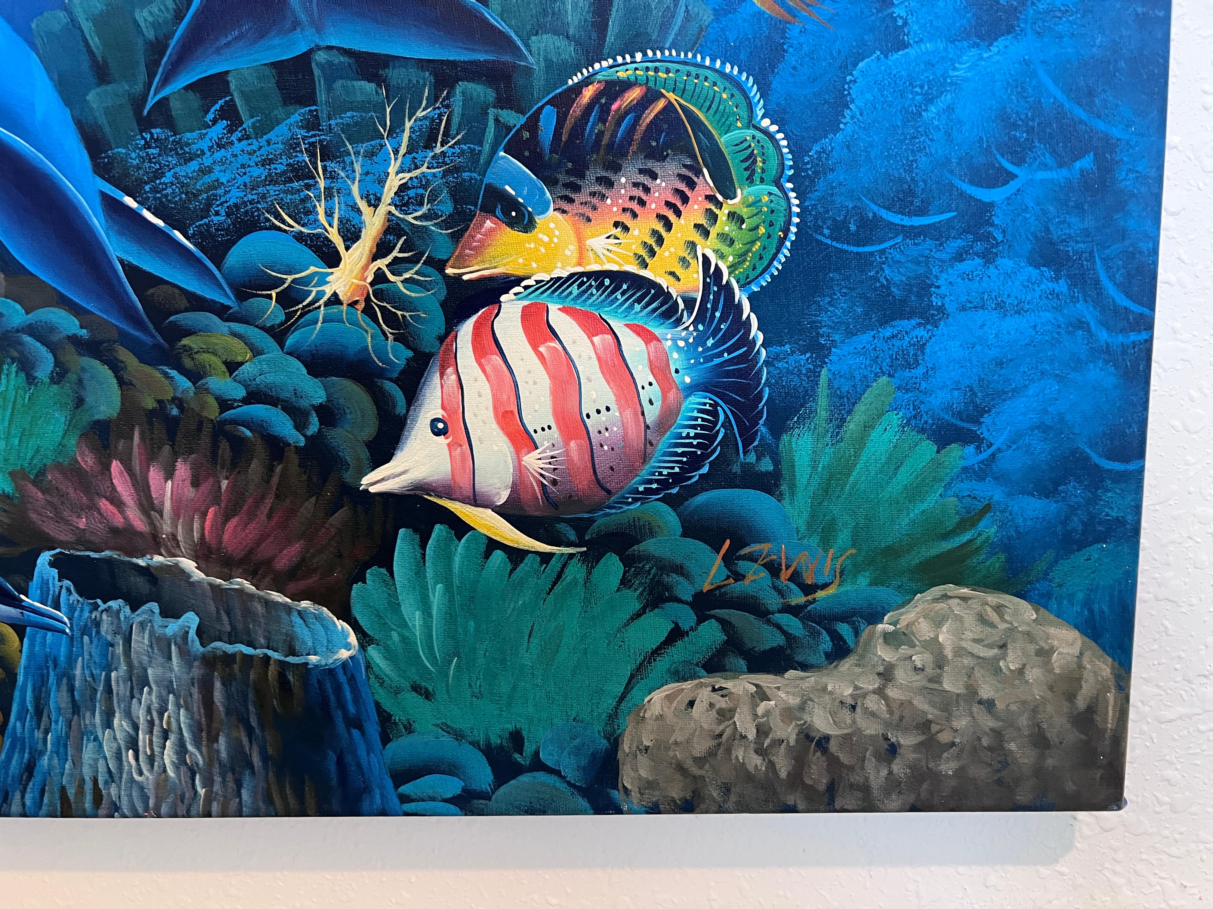 Scène sous-marine vibrante - Acrylique sur toile signée 