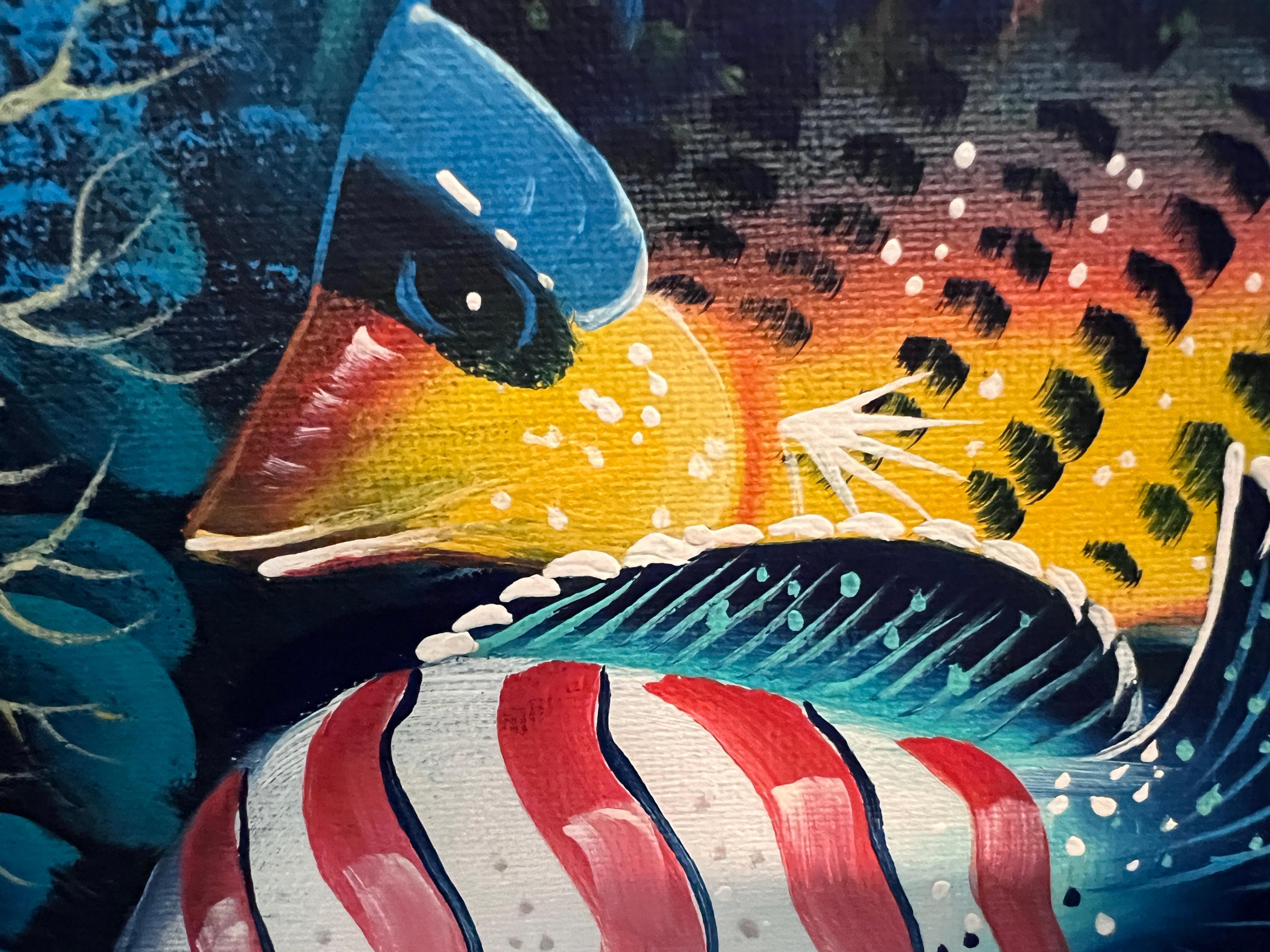 Scène sous-marine vibrante - Acrylique sur toile signée 
