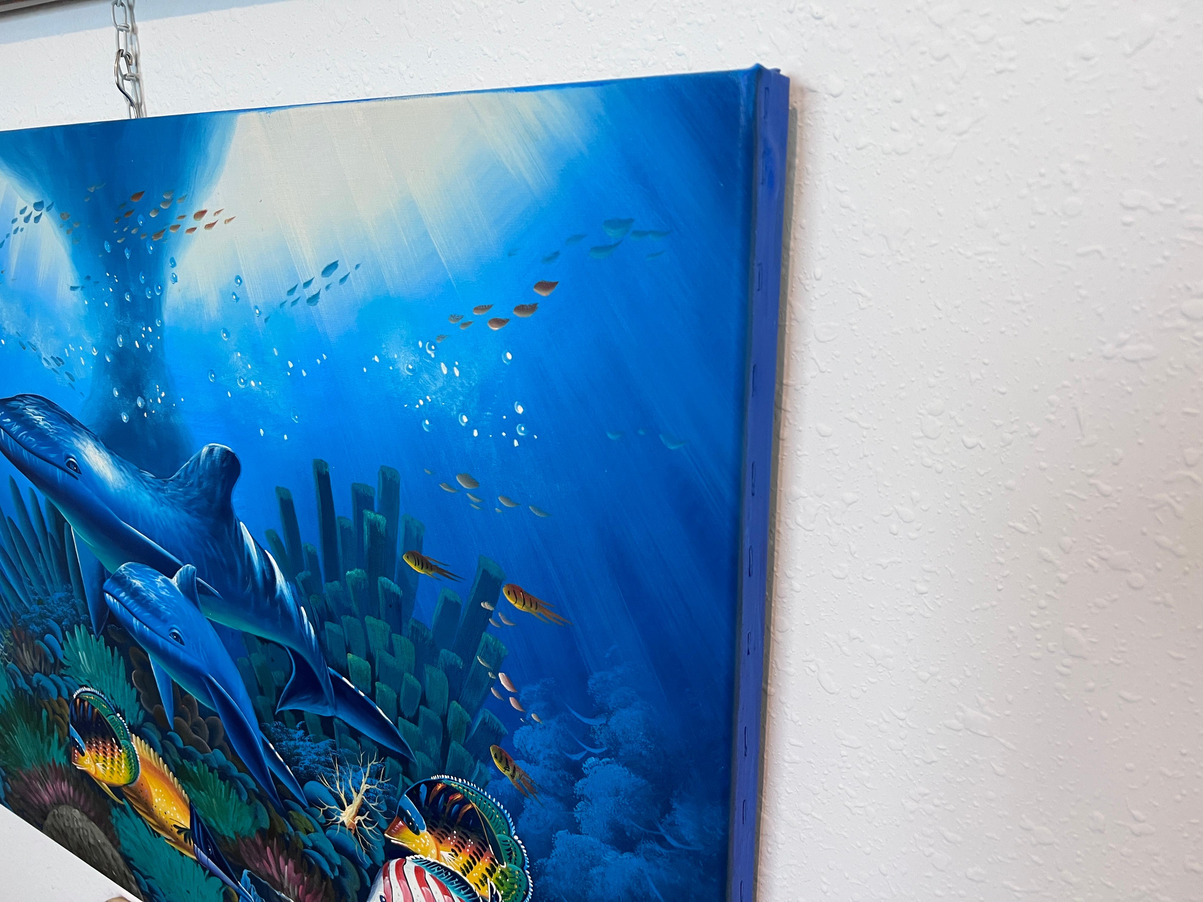 Scène sous-marine vibrante - Acrylique sur toile signée 