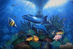 Scène sous-marine vibrante - Acrylique sur toile signée "Lewis" - 36 "x24" sans cadre