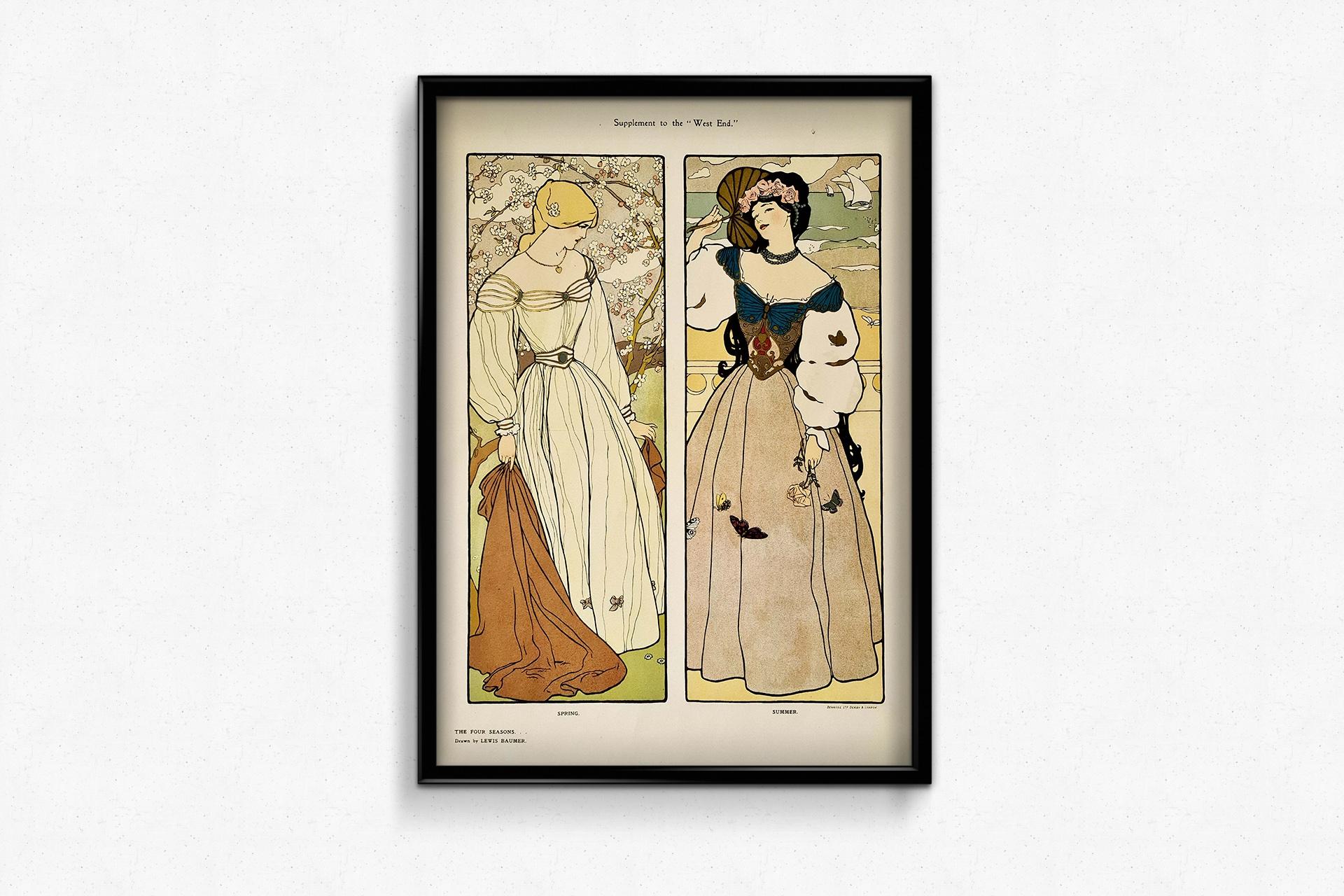 Beautiful art nouveau style poster by Lewis Baumer illustrating the seasons of Spring and Summer

Lewis Christopher Edward Baumer is best known as an English cartoonist who worked for over fifty years for the British magazine Punch, beginning in