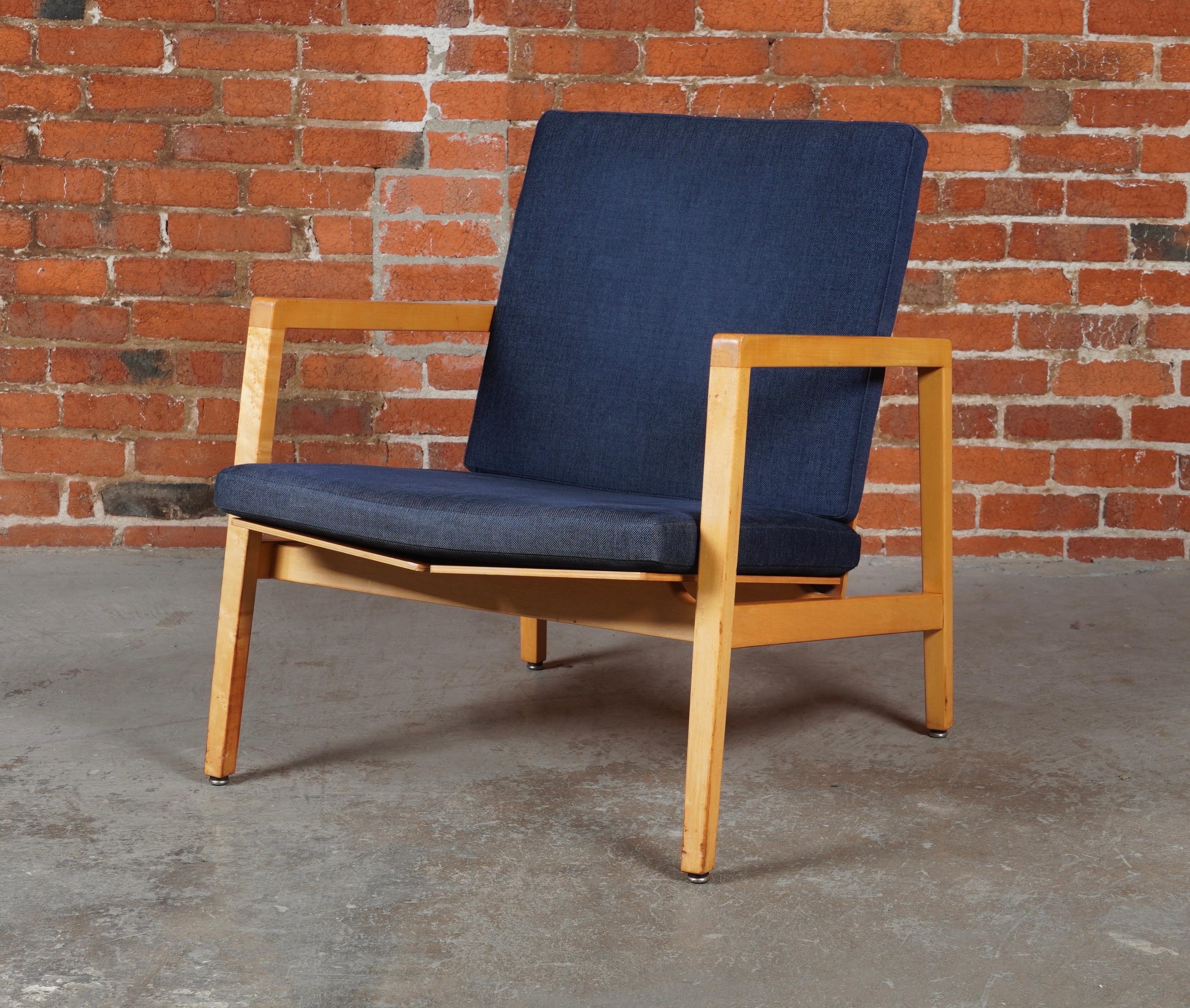Lewis Butler (1924-2001) for Knoll armchair produced from 1955 to 1962 with a constructivist hardwood maple frame and blue Knoll fabric with walnut seat and back panels, this was the early production model of this design, the later ones were created