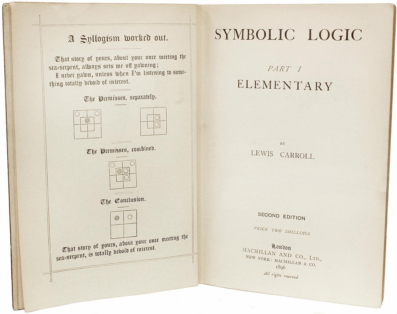 AUTHOR: DODGSON, Charles L (Lewis Carroll). 

TITLE: Symbolic Logic. Part I Elementary.

PUBLISHER: London: Macmillan & Co., 1896.

DESCRIPTION: SECOND EDITION PRESETATION COPY. 1 vol., illustrated with diagrams, inscribed by Dodgson on the