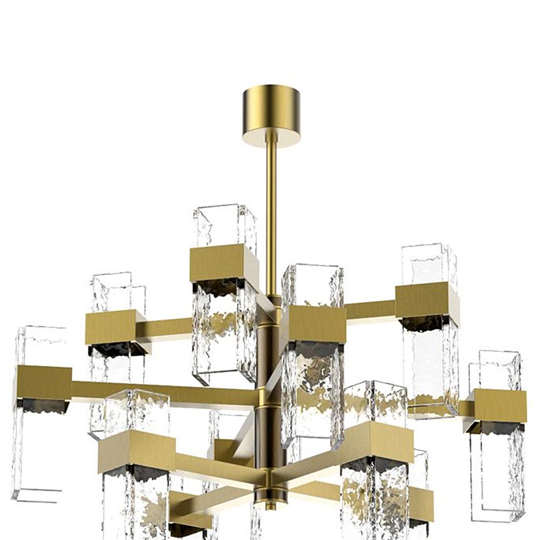Chandelier Lewis with structure in solid brass in 
vintage bronzed matte finish. With 12 blown glass 
squared tubes. With 12 Led bulbs G9, Max 3 Watts. 
Bulbs not included.
Also available in table lamp and wall lamp Lewis.