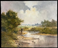 Fishing in the Yorkshire Dales British Impressionist Oil Painting 20th C