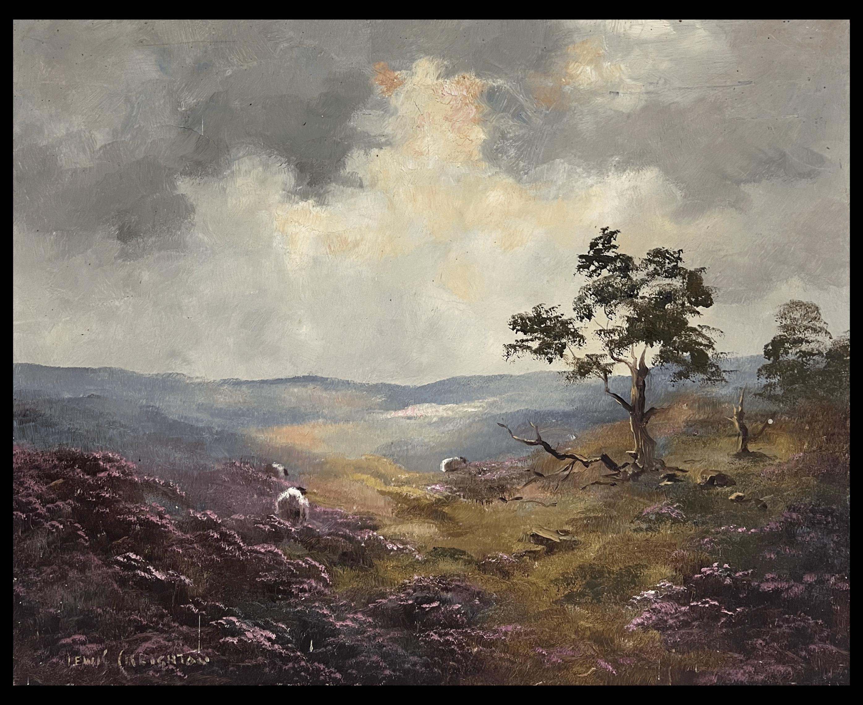 Sheep on Blustery Yorkshire Moors Landscape English Impressionist Oil – Painting von Lewis Creighton