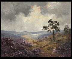 Sheep on Blustery Yorkshire Moors Landscape English Impressionist Oil