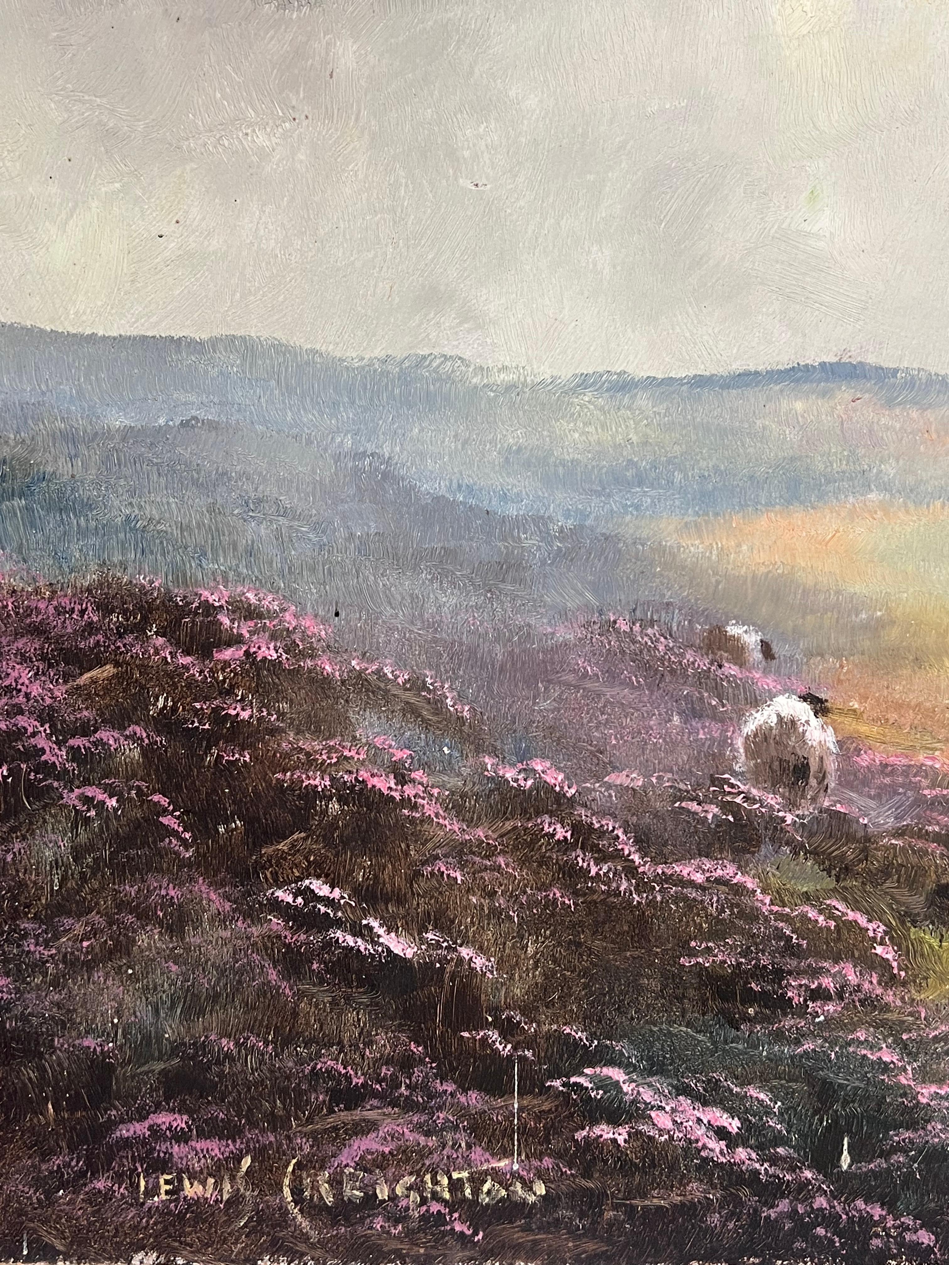 Sheep on Blustery Yorkshire Moors Landscape English Impressionist Oil (Grau), Animal Painting, von Lewis Creighton