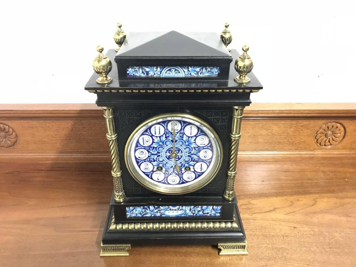 English Lewis. F. Day, Attributed an Aesthetic Movement Ebonized and Enamel Mantle Clock