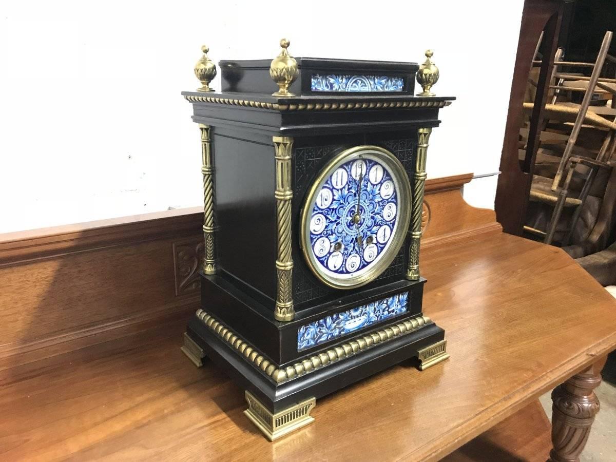 Hand-Crafted Lewis. F. Day, Attributed an Aesthetic Movement Ebonized and Enamel Mantle Clock