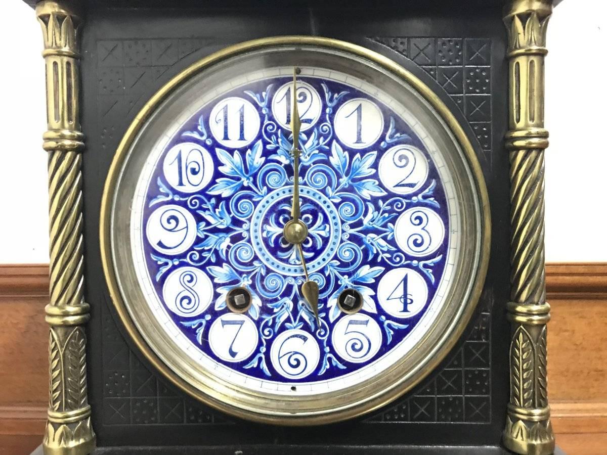 Ceramic Lewis. F. Day, Attributed an Aesthetic Movement Ebonized and Enamel Mantle Clock