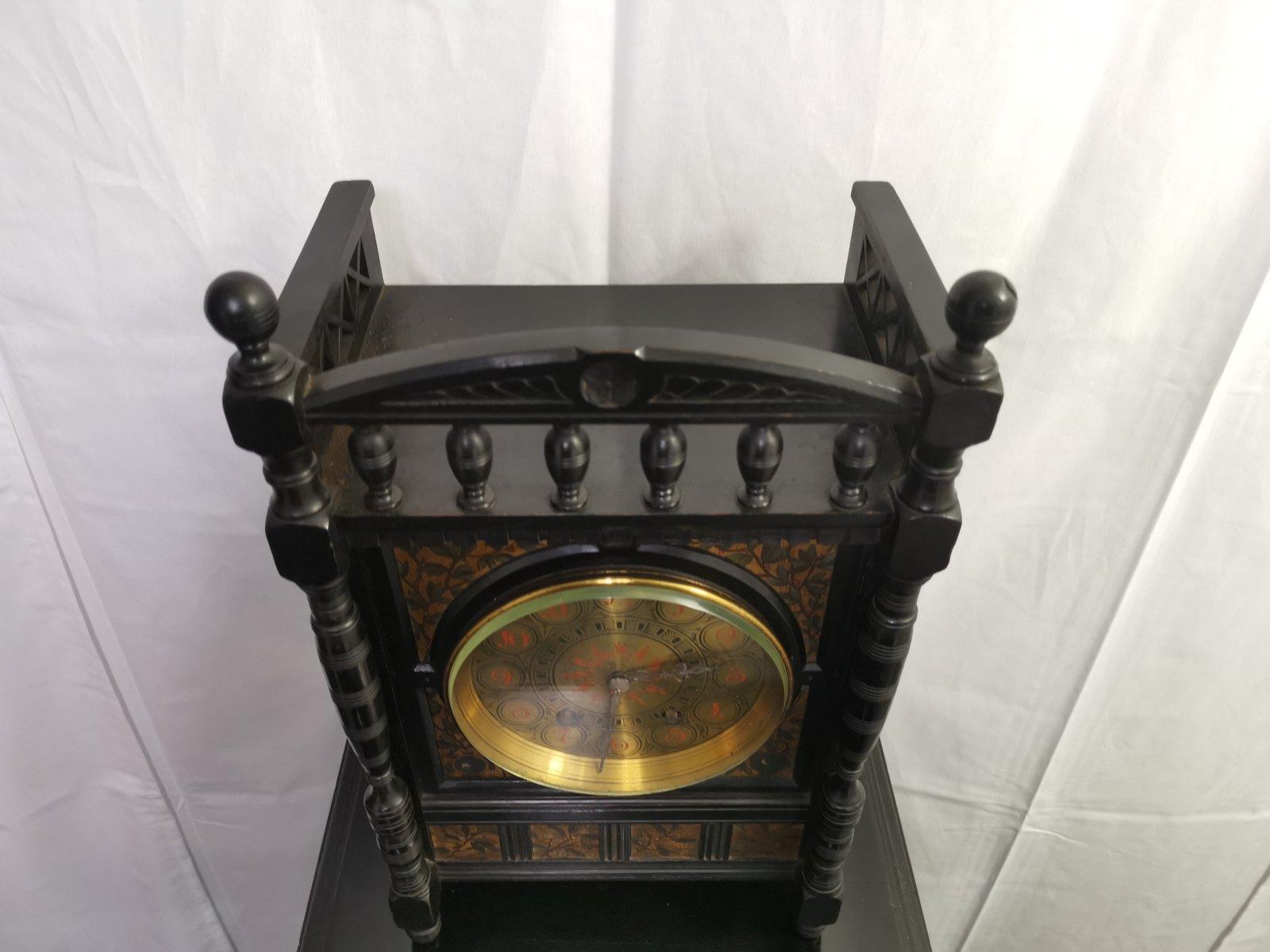 English Lewis F Day, Howell, James & Sons Aesthetic Movement Ebonised & Polychrome Clock For Sale