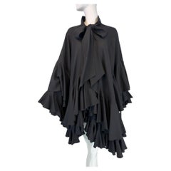 Louis Feraud Black Double Face Wool Tiered, Ruffle Cape Bow Tie, Neck, 1990s