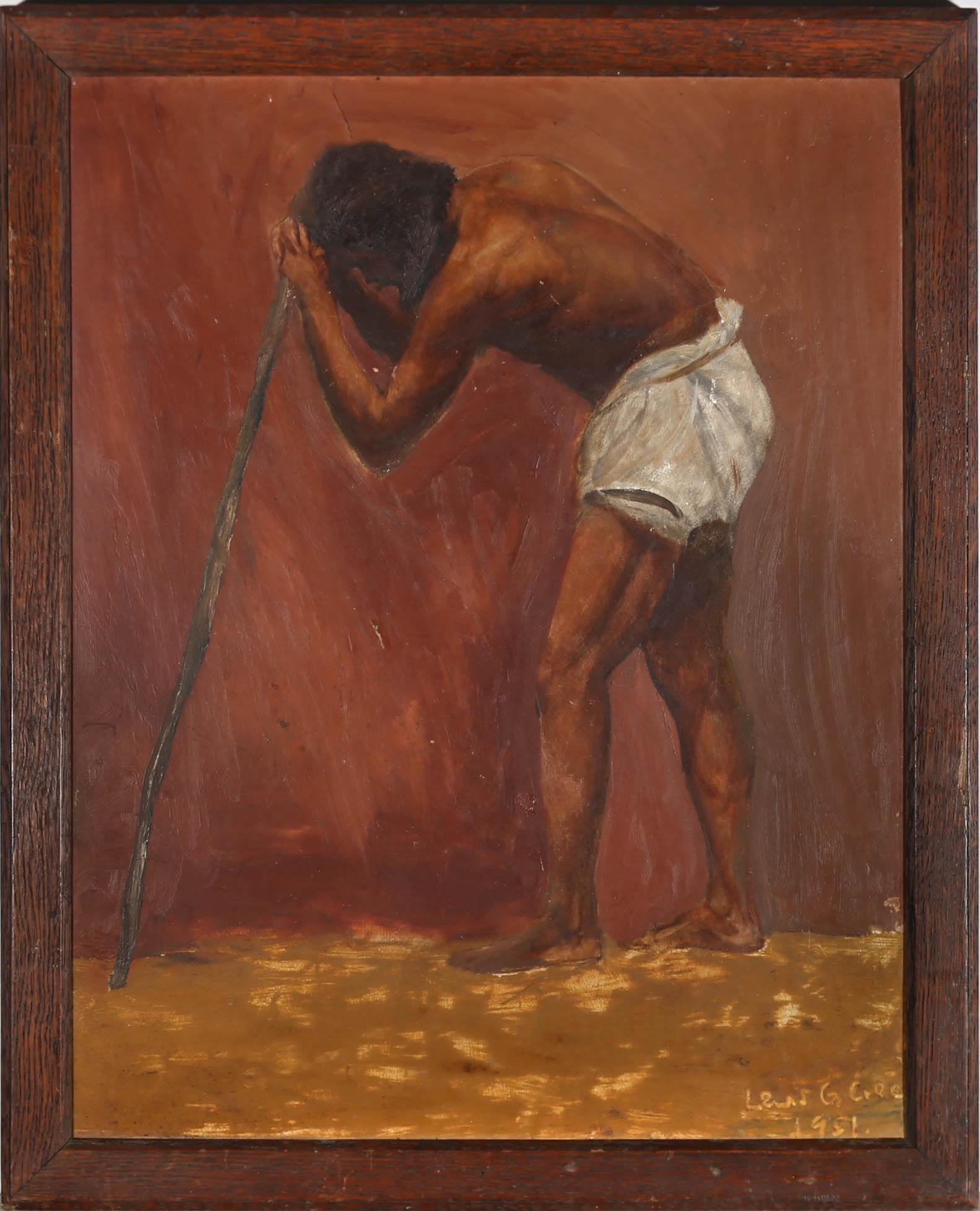 A fine 20th Century oil depiction of a tired man leaning on a wooden staff. The artist has signed and dated to the lower right corner and the painting has been presented in a simple oak frame. On board.

