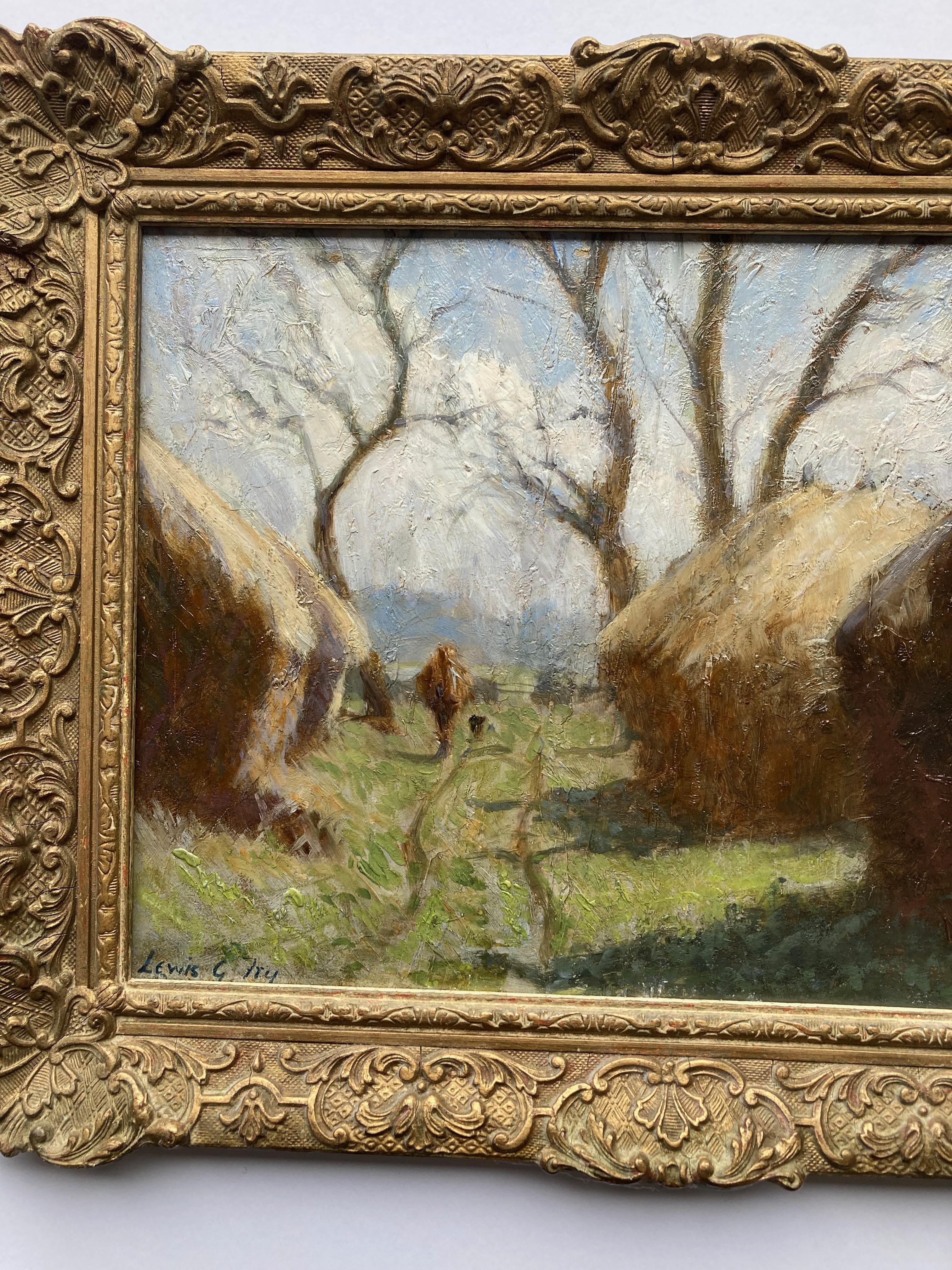 Lewis George Fry, Impressionist scene of A figure and haystacks For Sale 7