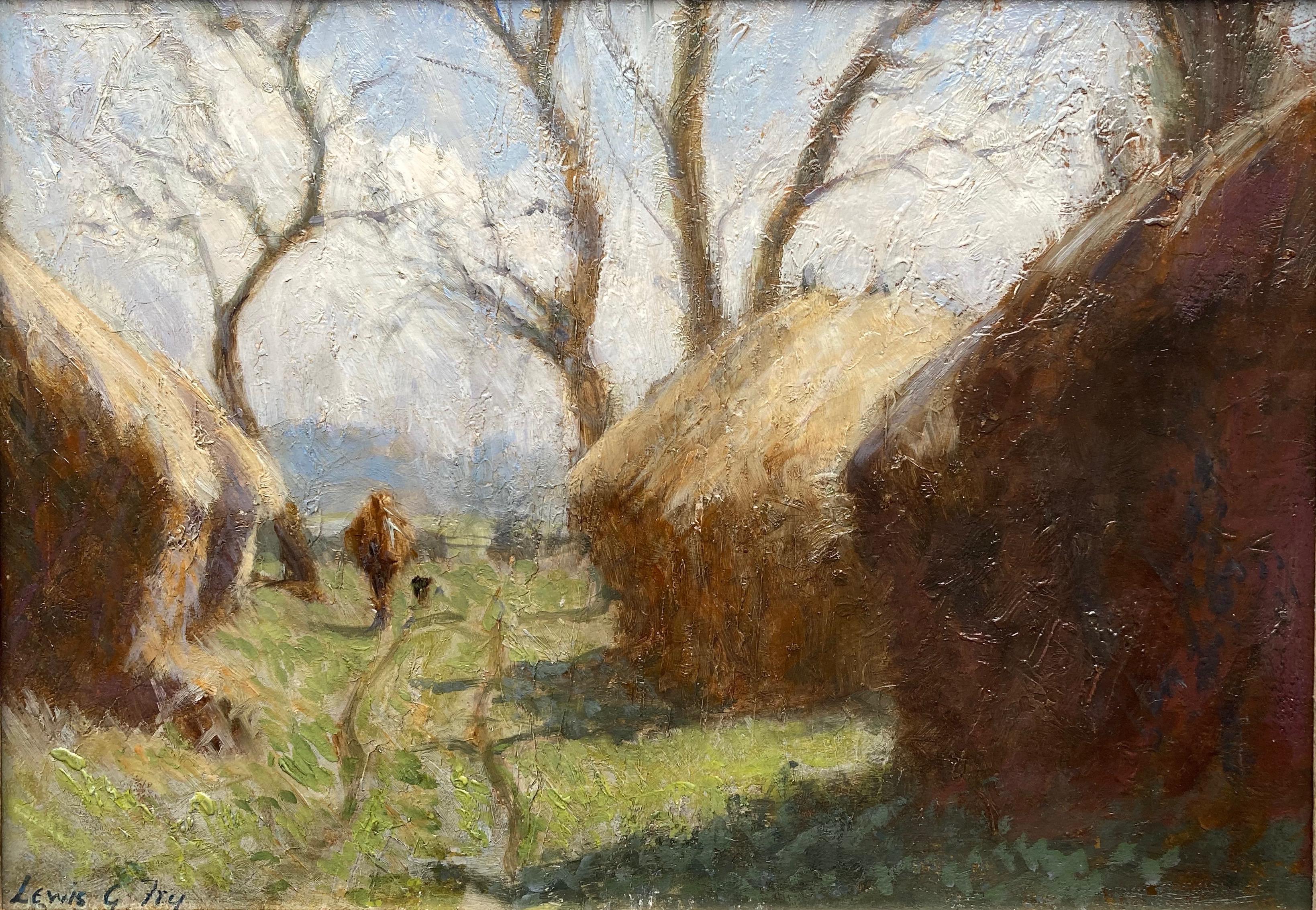 A wonderfully atmospheric view of a harvest scene painted in a most attractive impressionistic style.

Lewis George Fry (1860-1933)
A figure walking by haystacks, Limpsfield
Signed
Oil on panel
9¾ x 14 inches

Landscape painter. Born at Clifton,