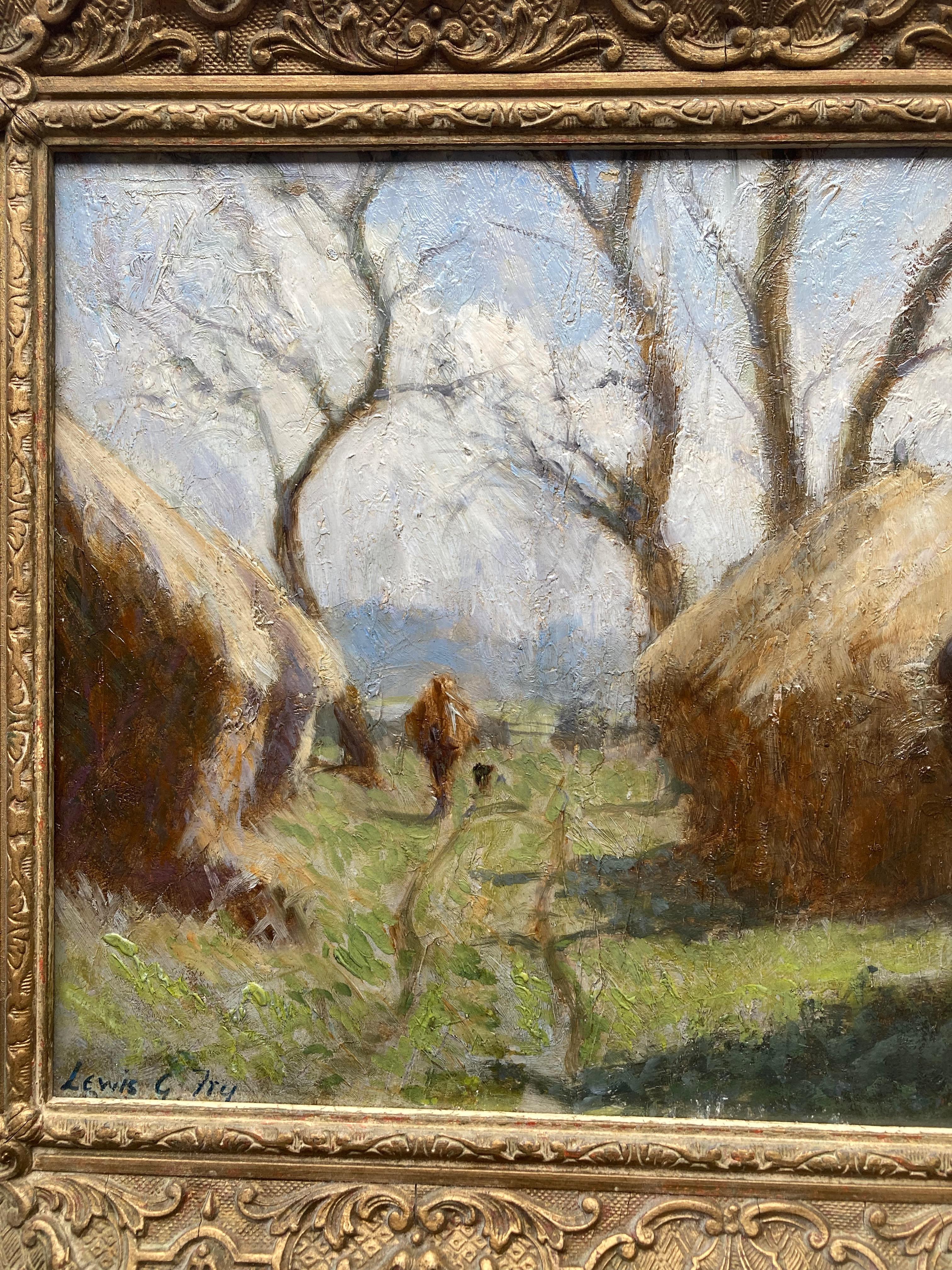 A wonderfully atmospheric view of a harvest scene painted in a most attractive impressionistic style.

Lewis George Fry (1860-1933)
A figure walking by haystacks, Limpsfield
Signed
Oil on panel
9¾ x 14 inches

Landscape painter. Born at Clifton,