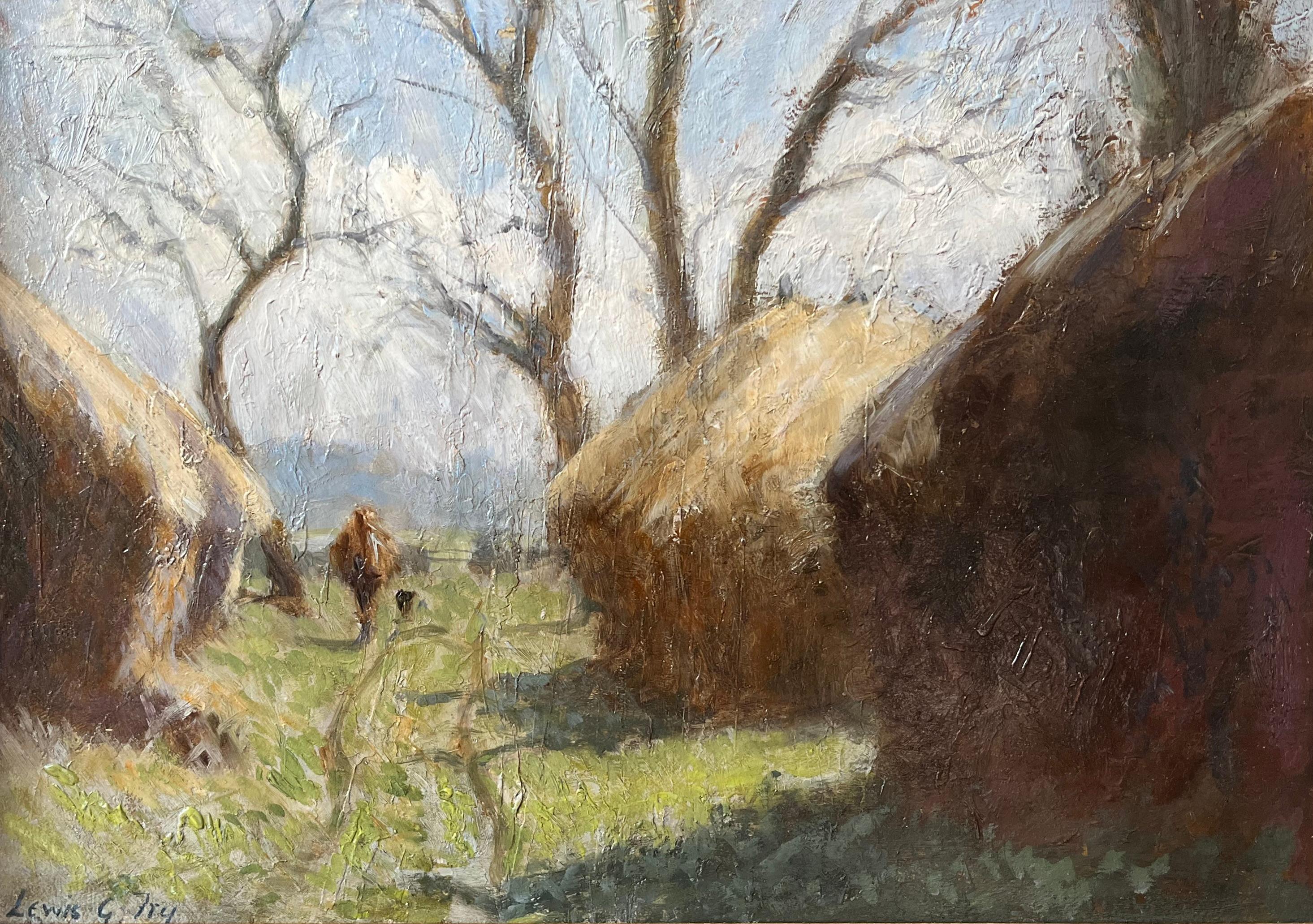 Lewis George Fry, Impressionist scene of A figure and haystacks 3