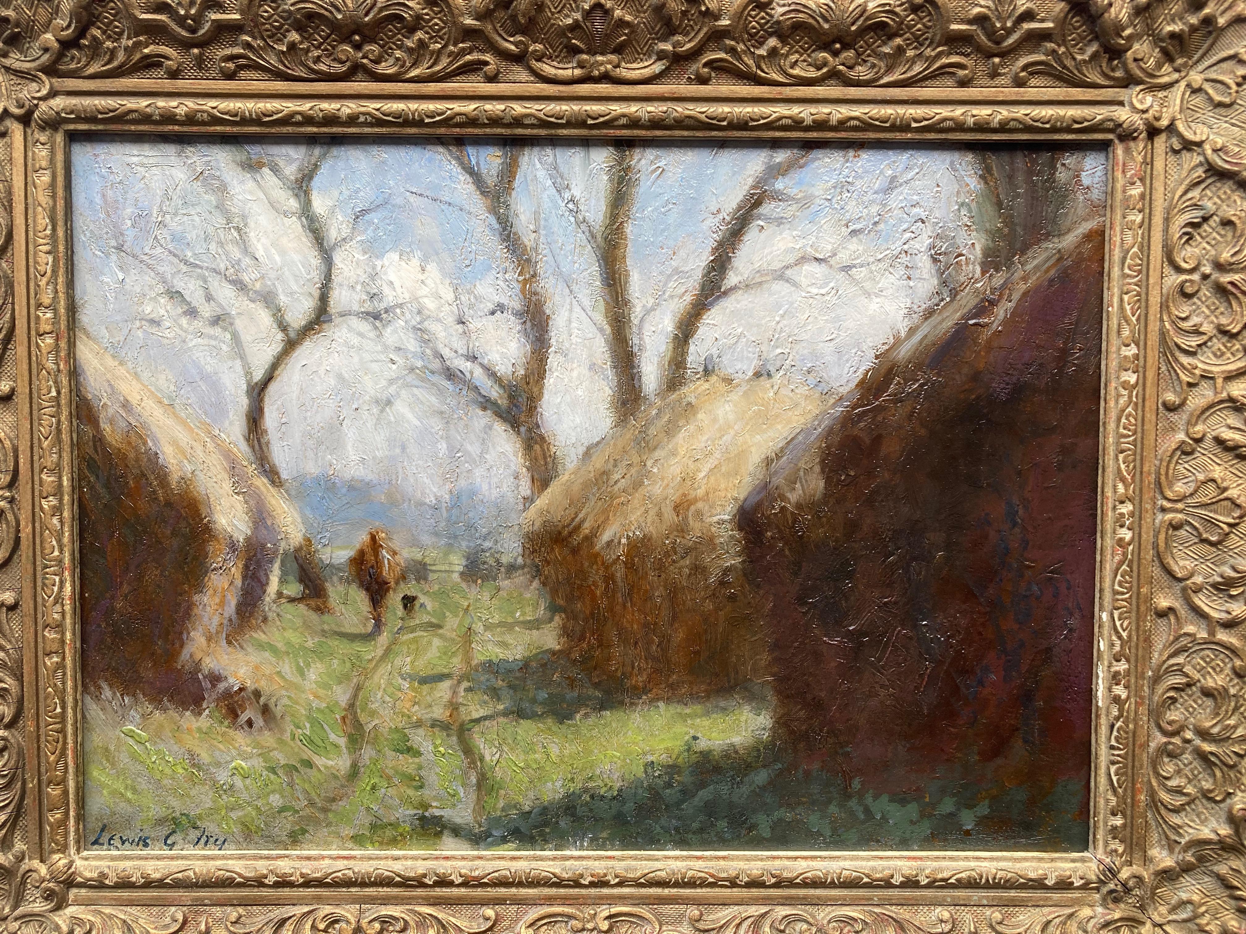 Lewis George Fry, Impressionist scene of A figure and haystacks For Sale 1