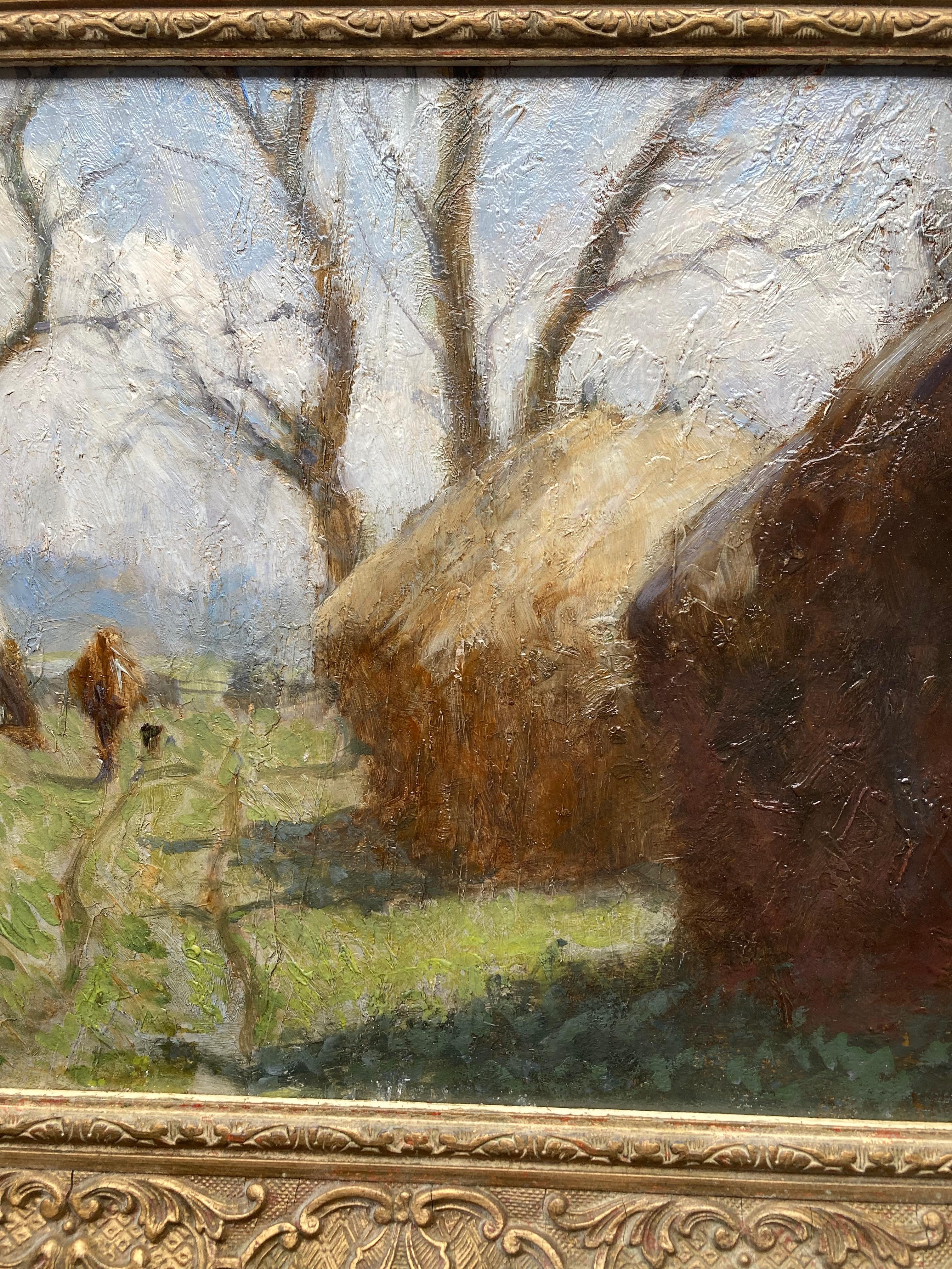 Lewis George Fry, Impressionist scene of A figure and haystacks For Sale 3