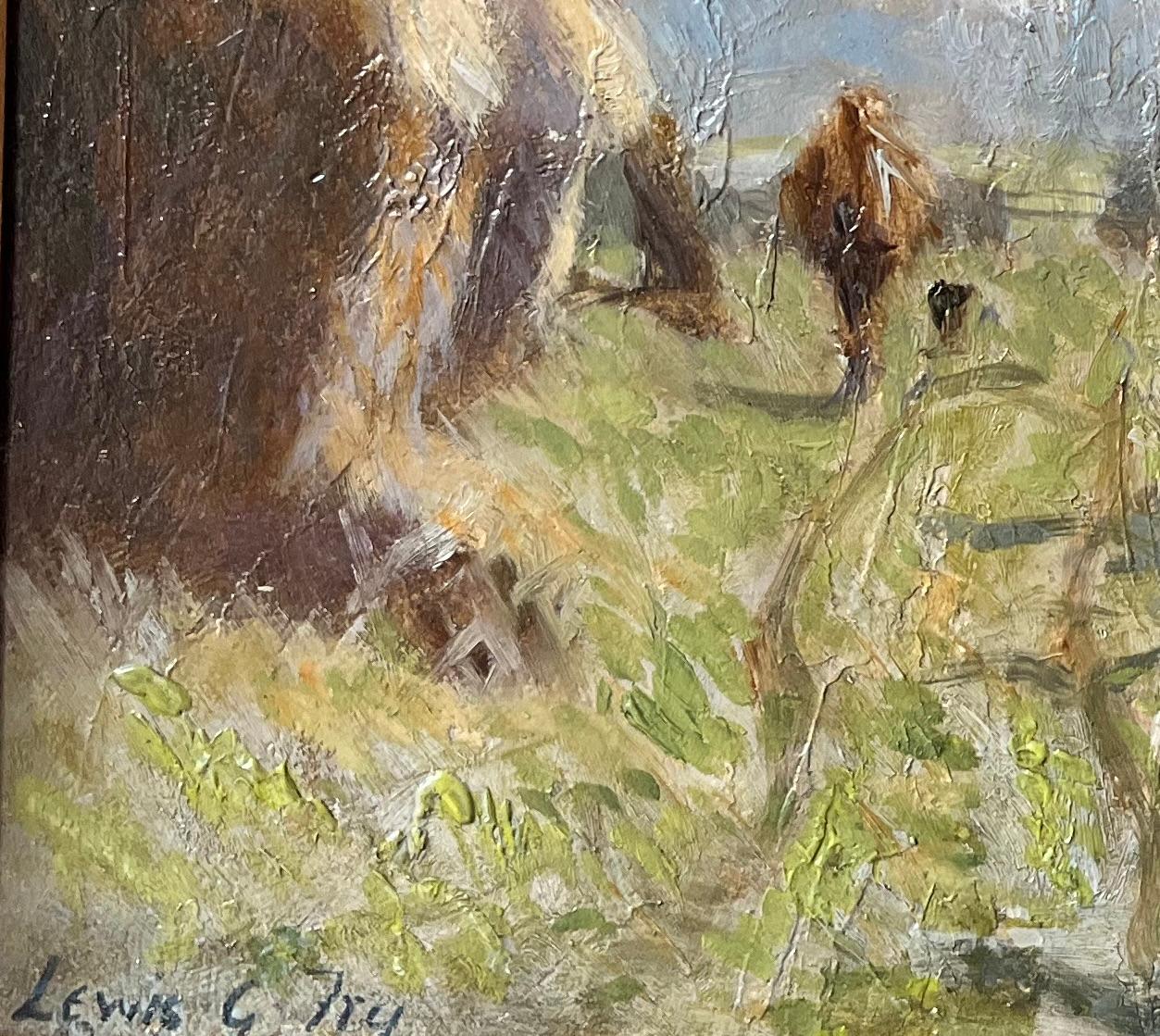 Lewis George Fry, Impressionist scene of A figure and haystacks 5
