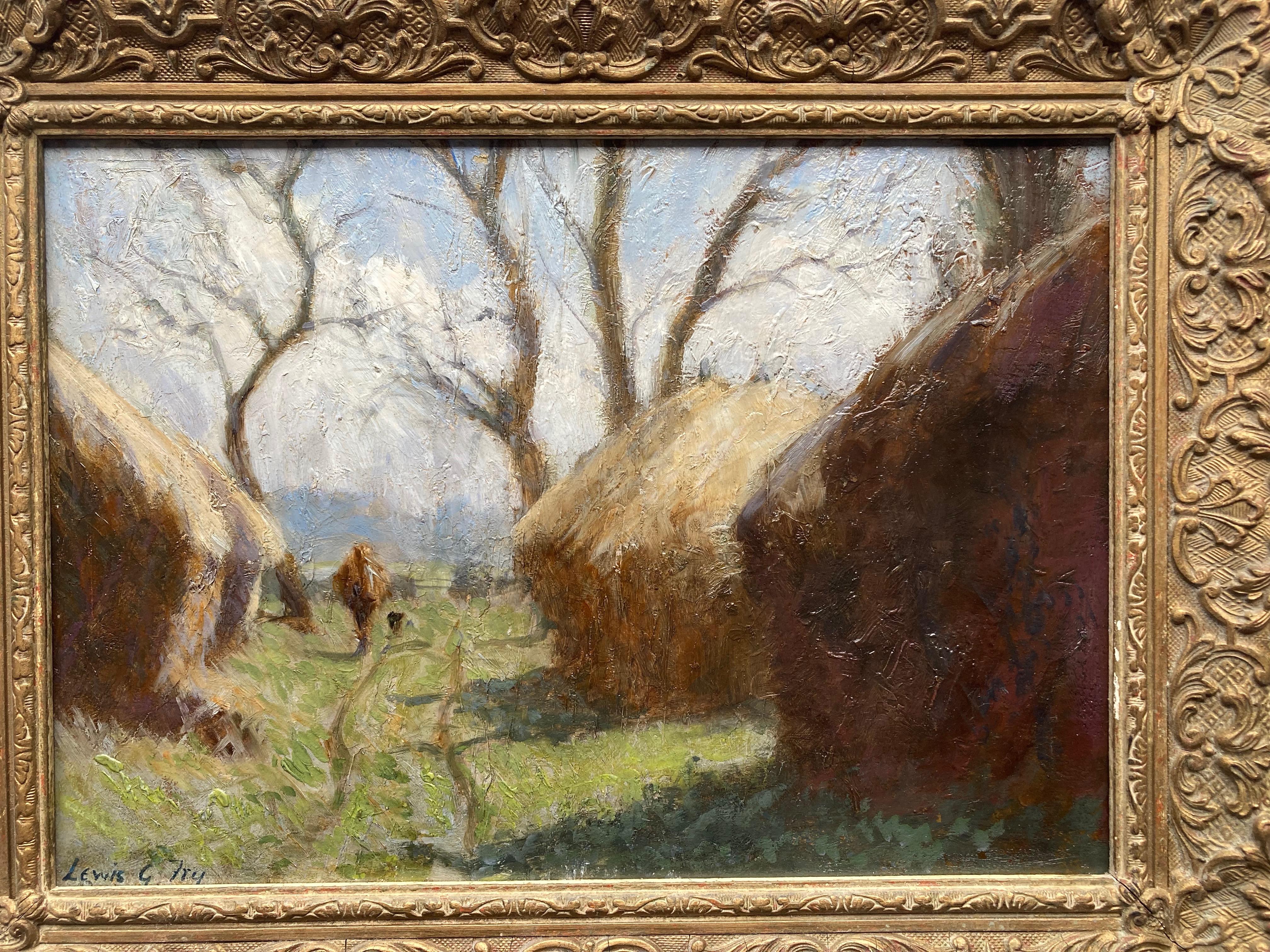 Lewis George Fry, Impressionist scene of A figure and haystacks For Sale 3